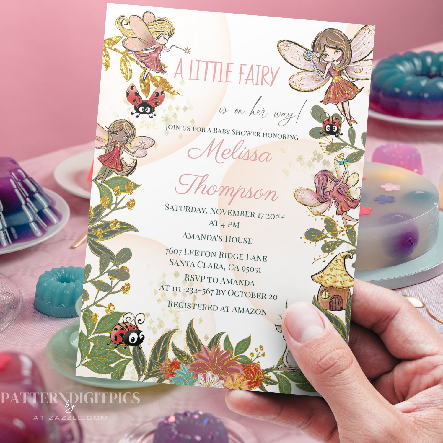 Whimsical Enchanted Forest or Garden Fairies with ladybug, floral, flowers and greenery Baby Shower Invitation