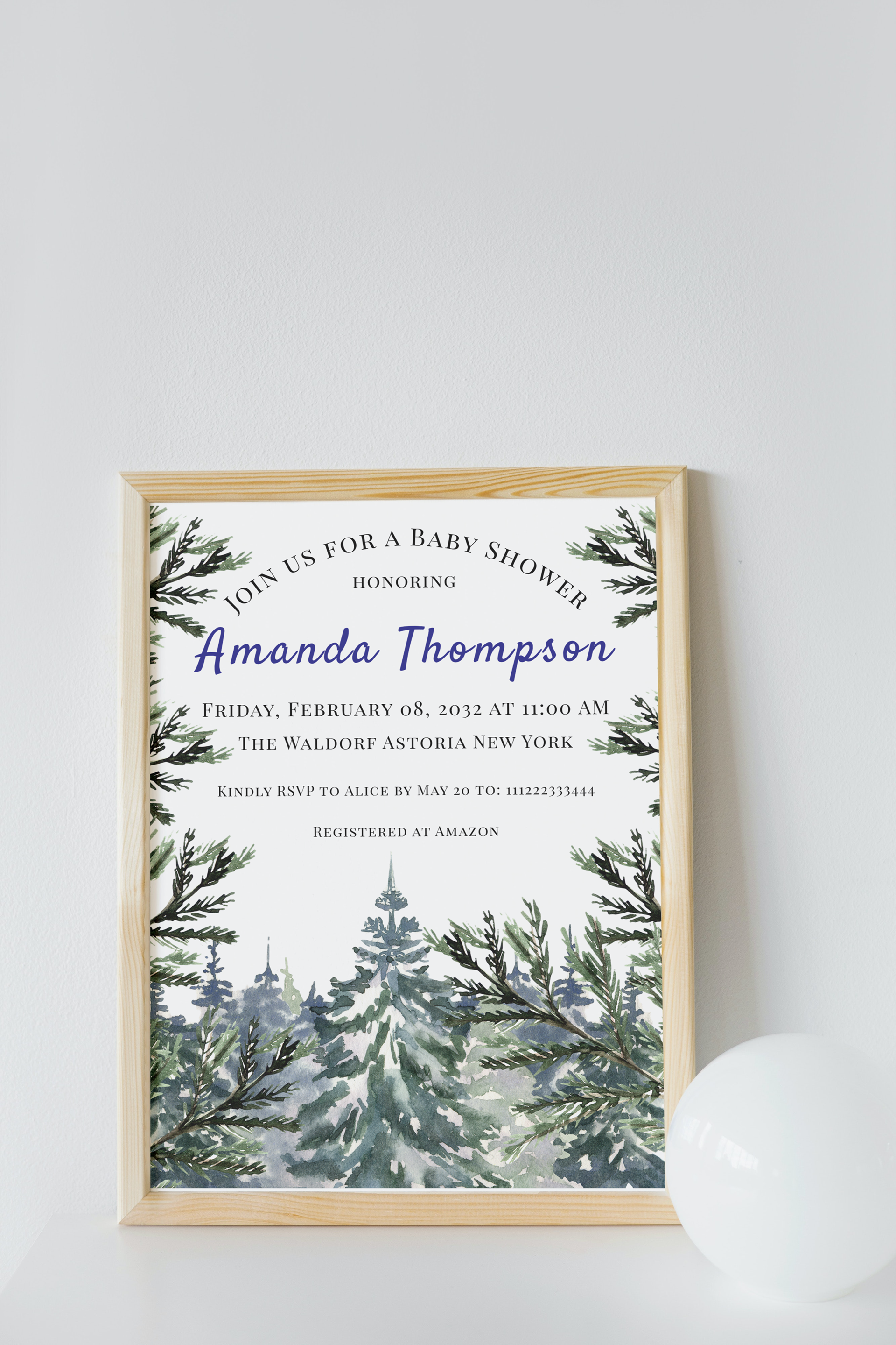 Winter Forest Woodland Tree Watercolor Baby Shower Invitation