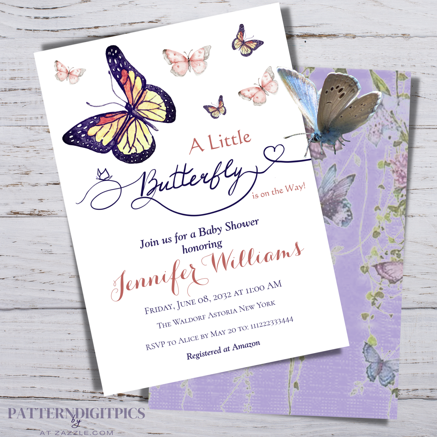 Unique handwritten text "a little Butterfly is on the way!" decorated with watercolor butterfies in purple lilac and blush pink colors Whimsical Baby Shower Invitation Template