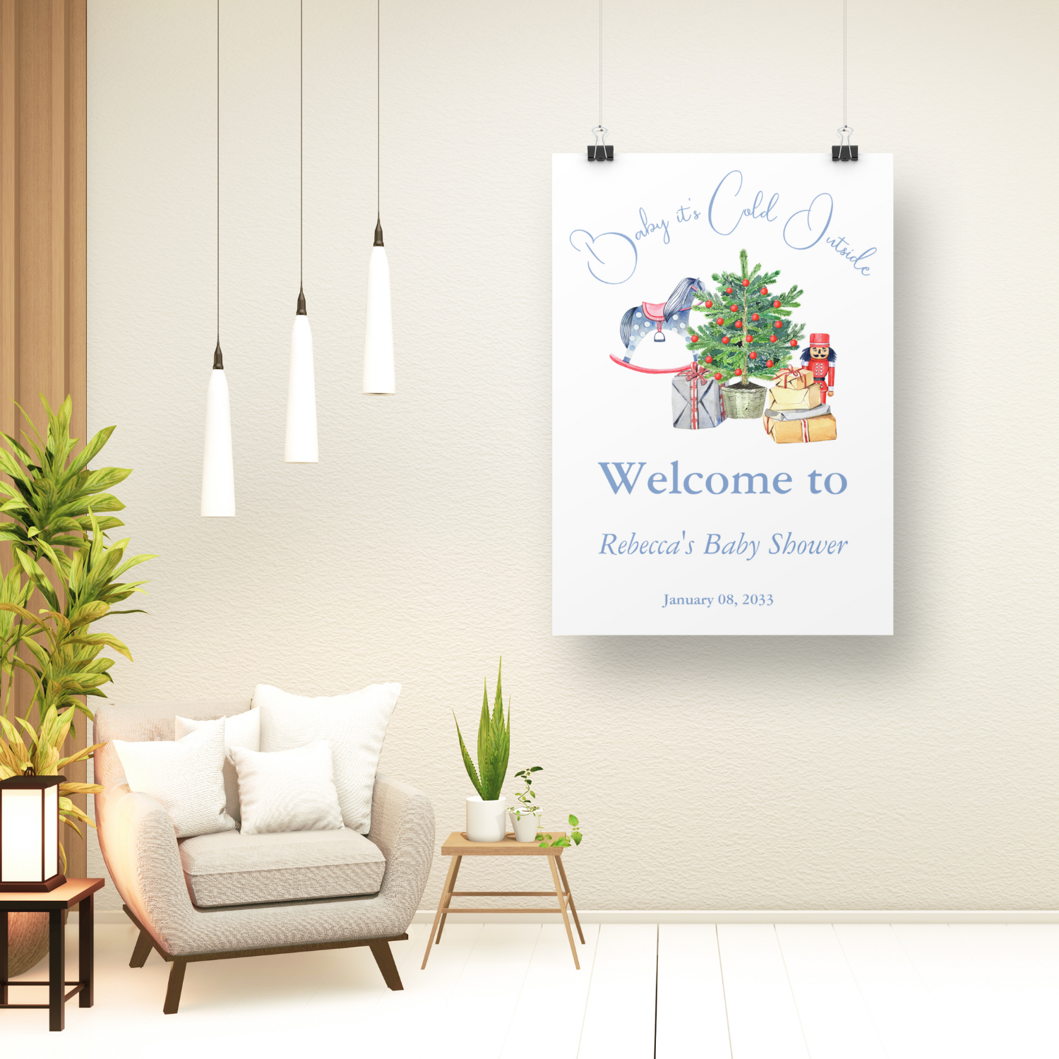 Watercolor Christmas tree with gift boxes, nutcracker and wooden horse in Blue colors for boy baby shower welcome sign