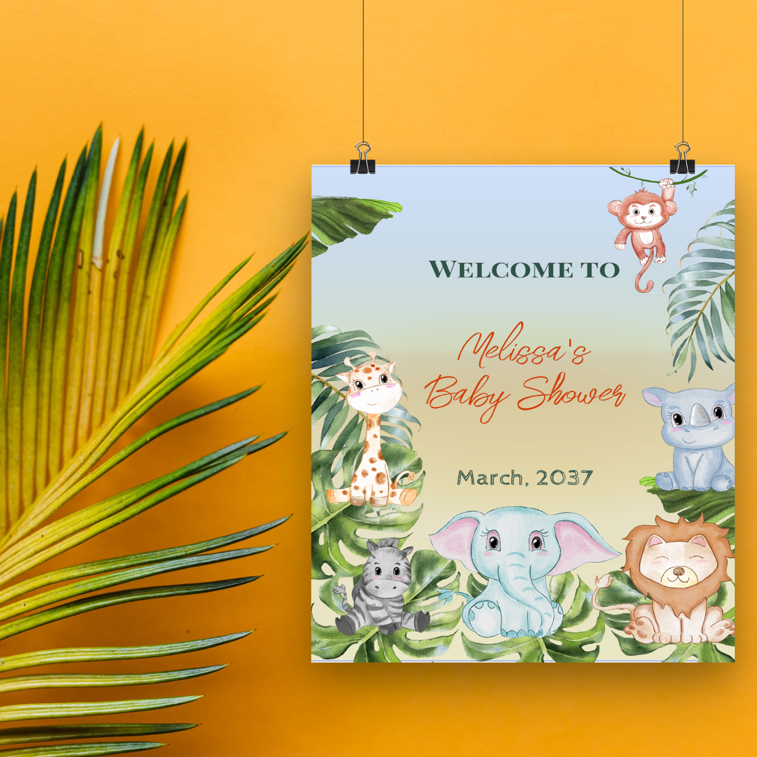 Colorful Tropical themed Safari Jungle animals hippo, lion, elephant, zebra, monkey and giraffe with leaves Welcome sign on the yellow background near palm leaf