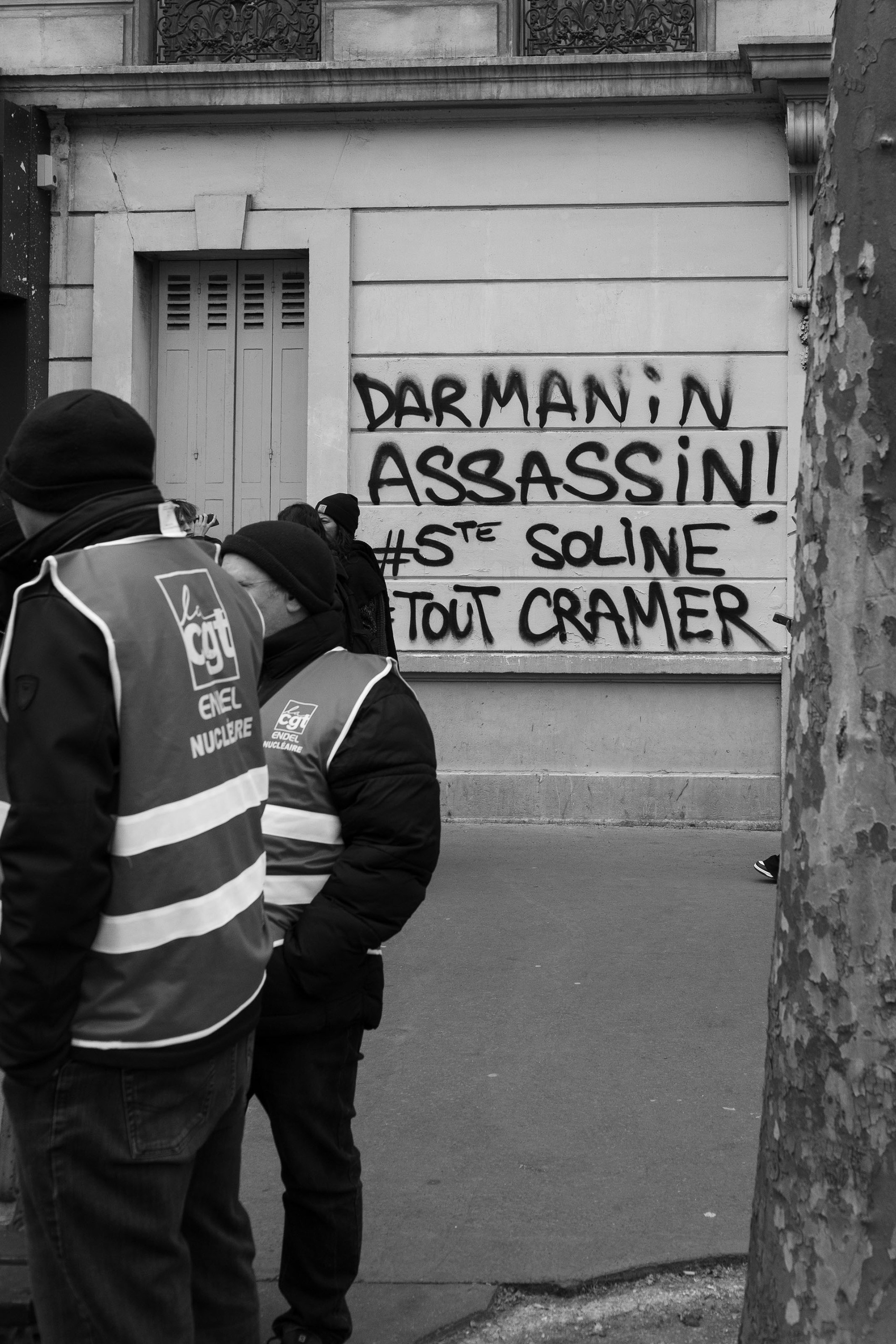 Inscription on wall, claiming Minister of Interieur G.Darmanin a murderer, March 2023,Paris
