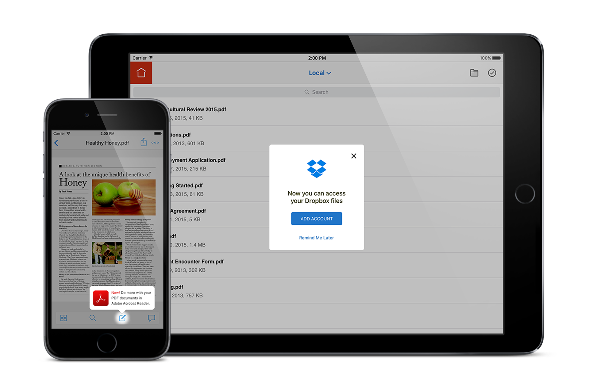 Device mockup of iphone and ipad showing the DC + Dropbox integration