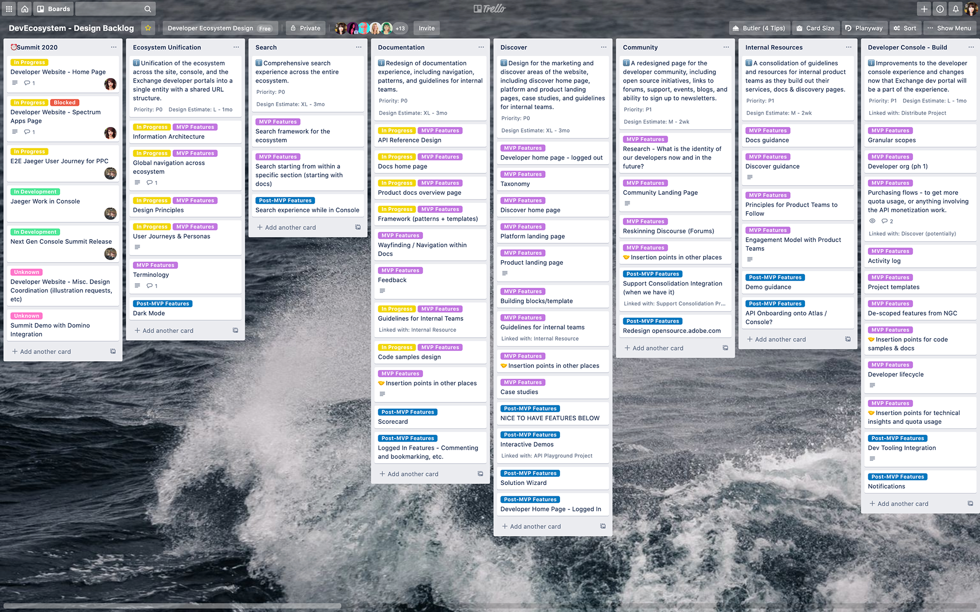 trello screenshot showing design backlog of projects and their mvp features