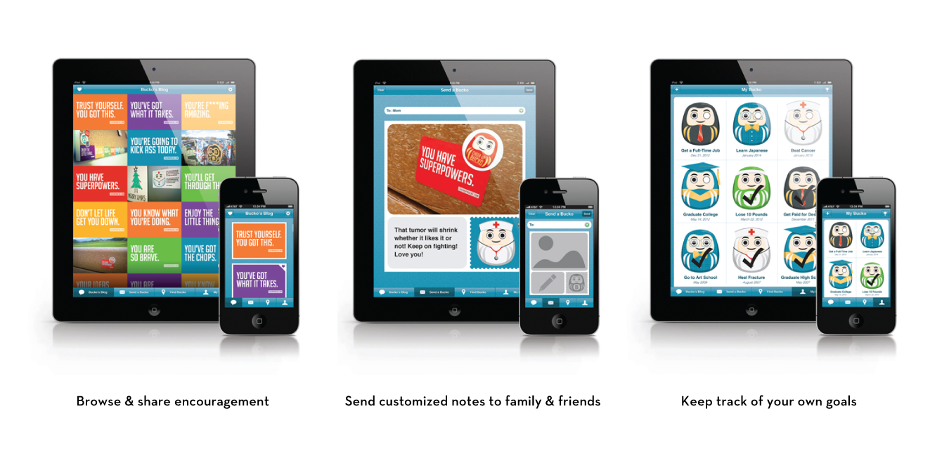 Screens of the Cheer Up Bucko mobile app