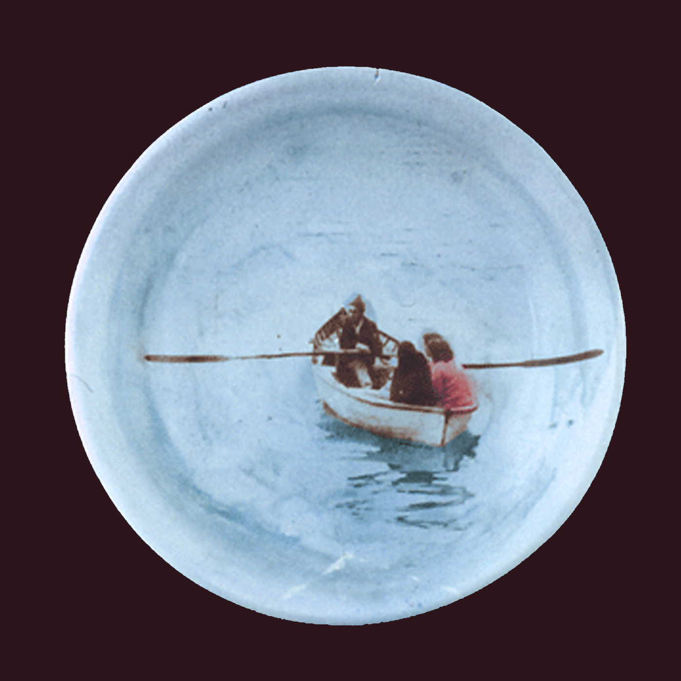1977 Rowboat, wheel thrown with photo emulsion transfer and airbrush glaze gloss glaze 1977  (11 in dia)