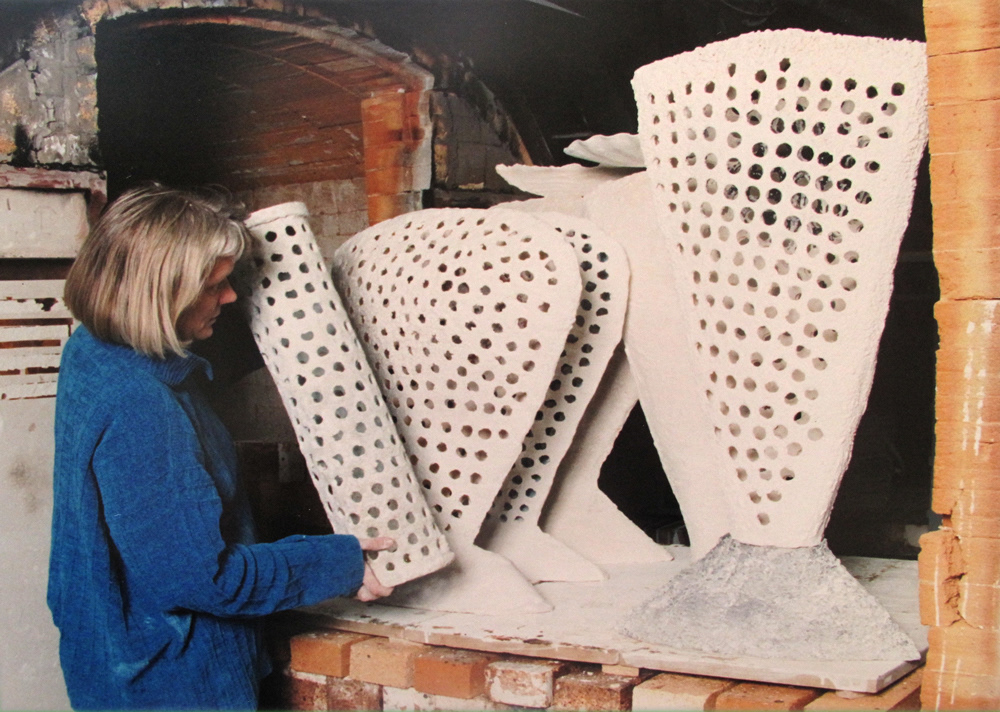 RosetteGault 1998  loading single fire paperclay porcelain. at Banff Centre photo by Don Lee