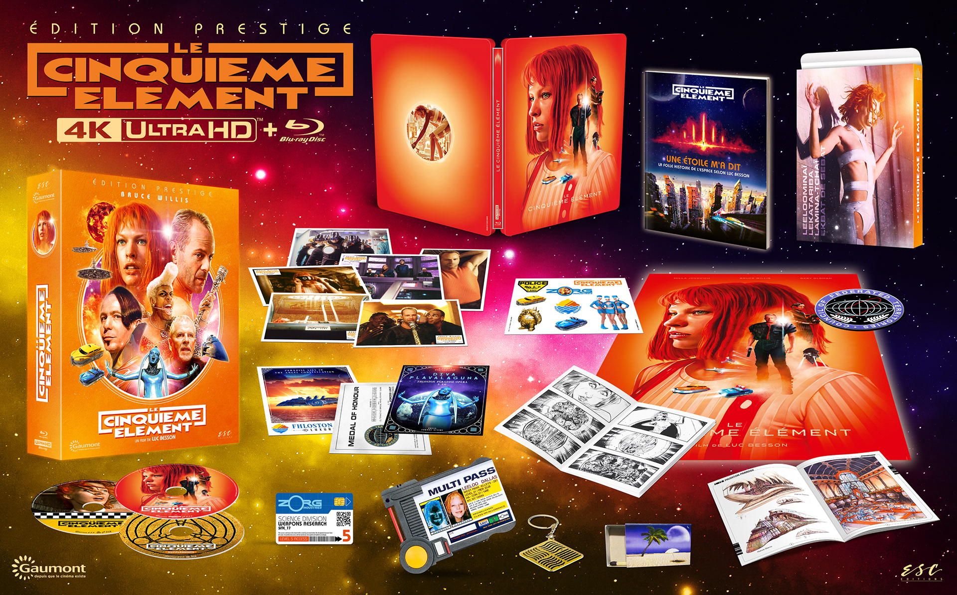 Etui, livrets story board et concept art, livre 80 pages, photos, poster, porte-clé, carte Zorg, Multipass, boite d'allumette, flyers, stickers, patch