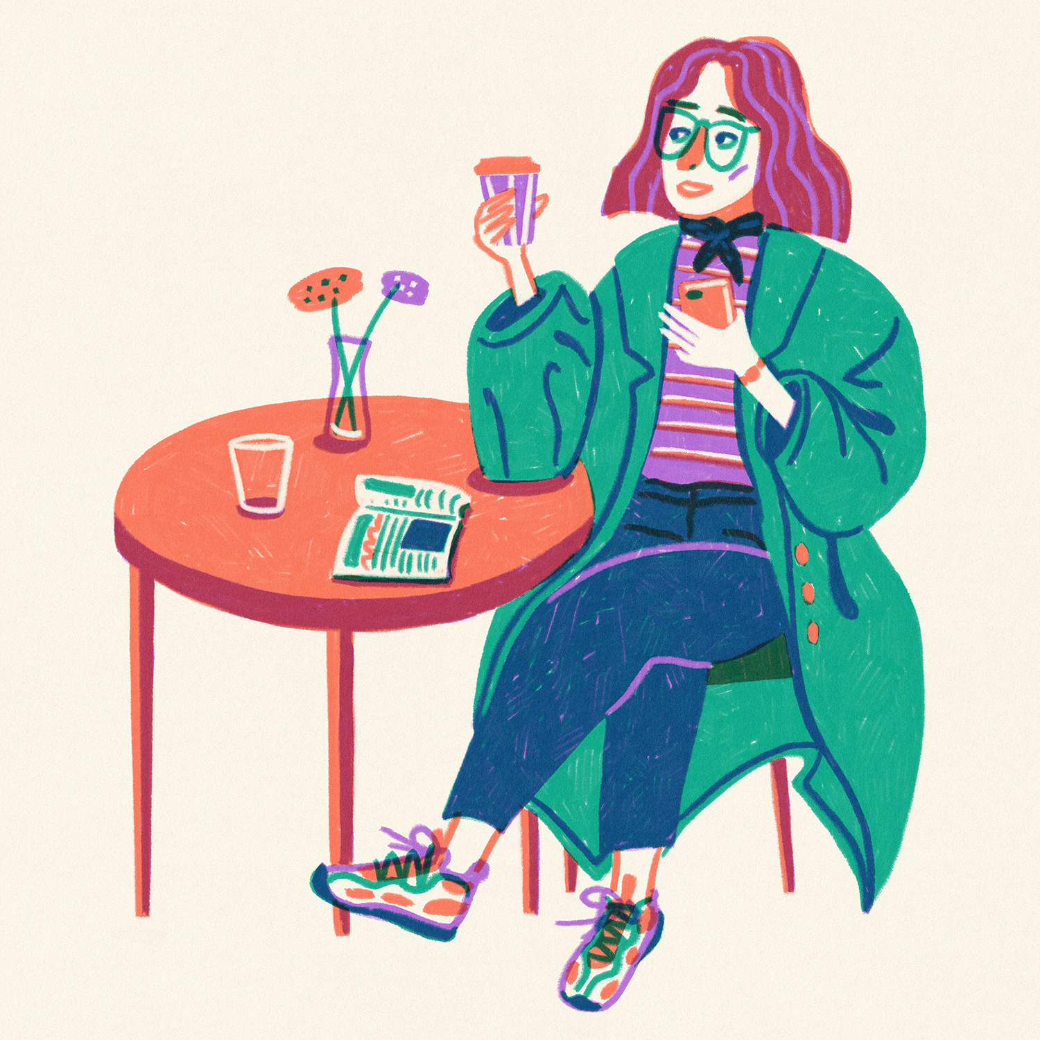 Illustrated-Fashion-Woman-in-Oversize-Coat-Sitting-in-Cafe-by-Polina-Jakimova
