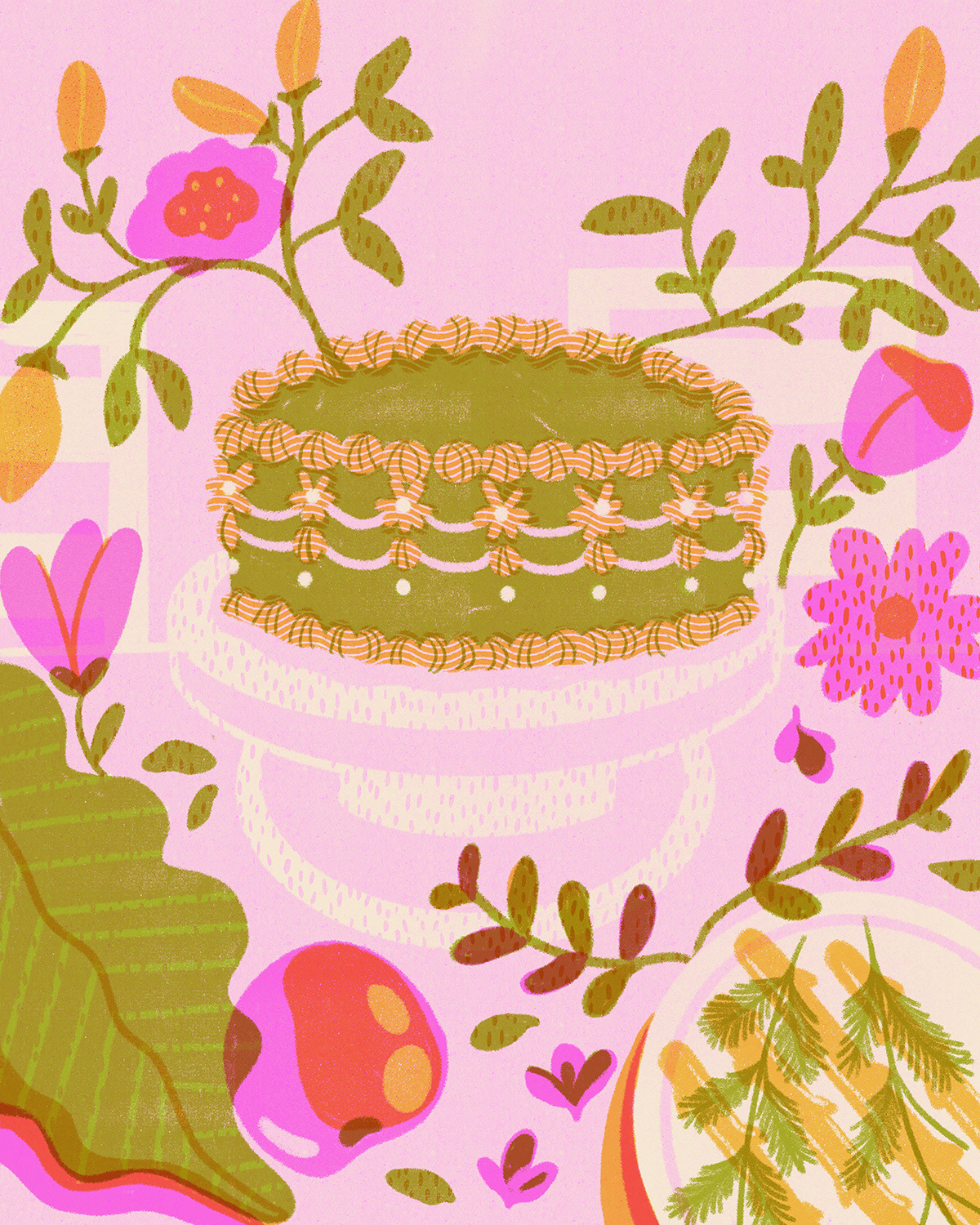 Colorful whimsical Cake Illustration with Flowers by Polina Jakimova