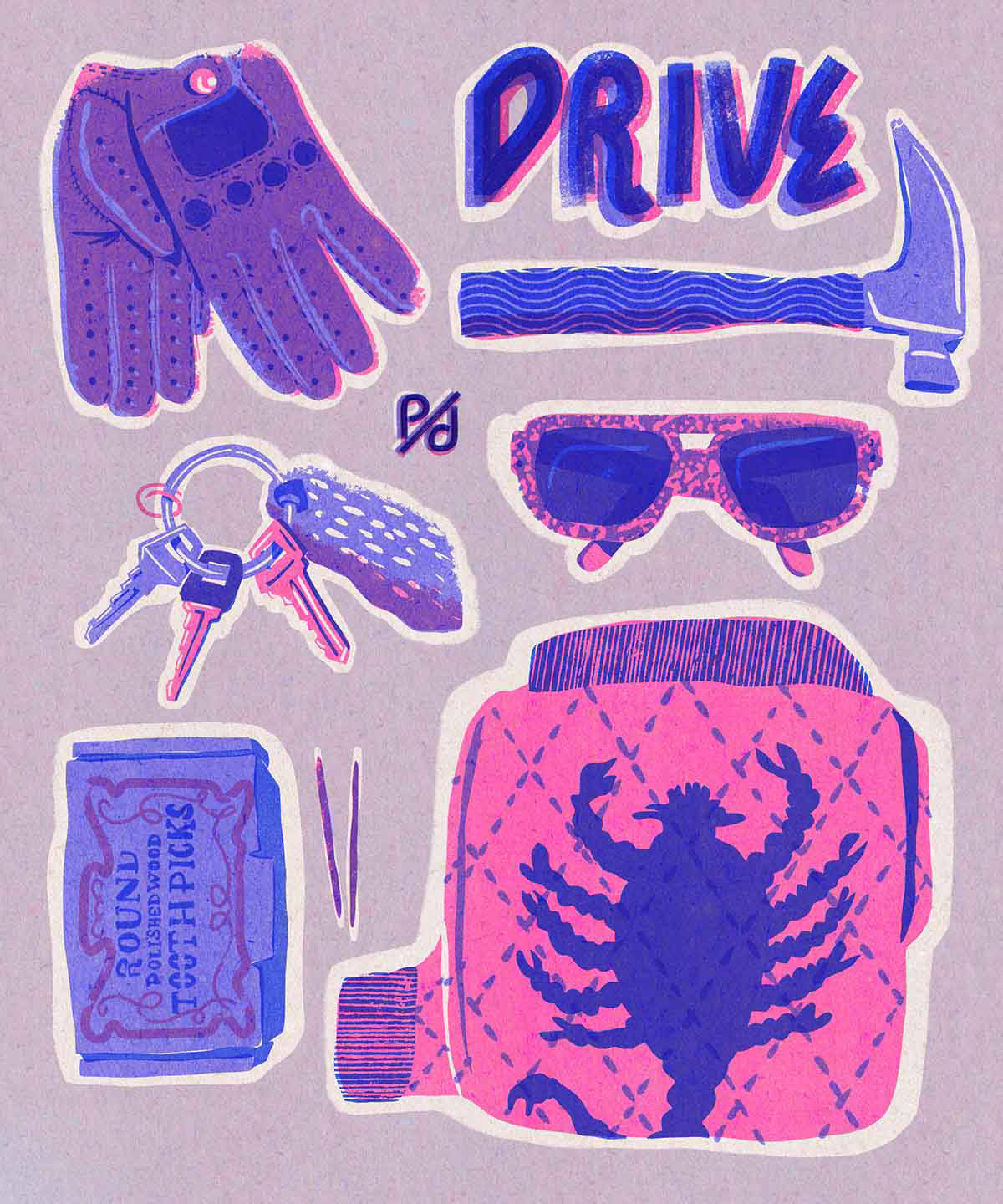 Movieposter for drive. A collection of things is displayed: driving gloves, keys and a rabbit's foot, sunglasses, toothpicks and a toothpick box, a folded Jacket with a scorpion on the back
