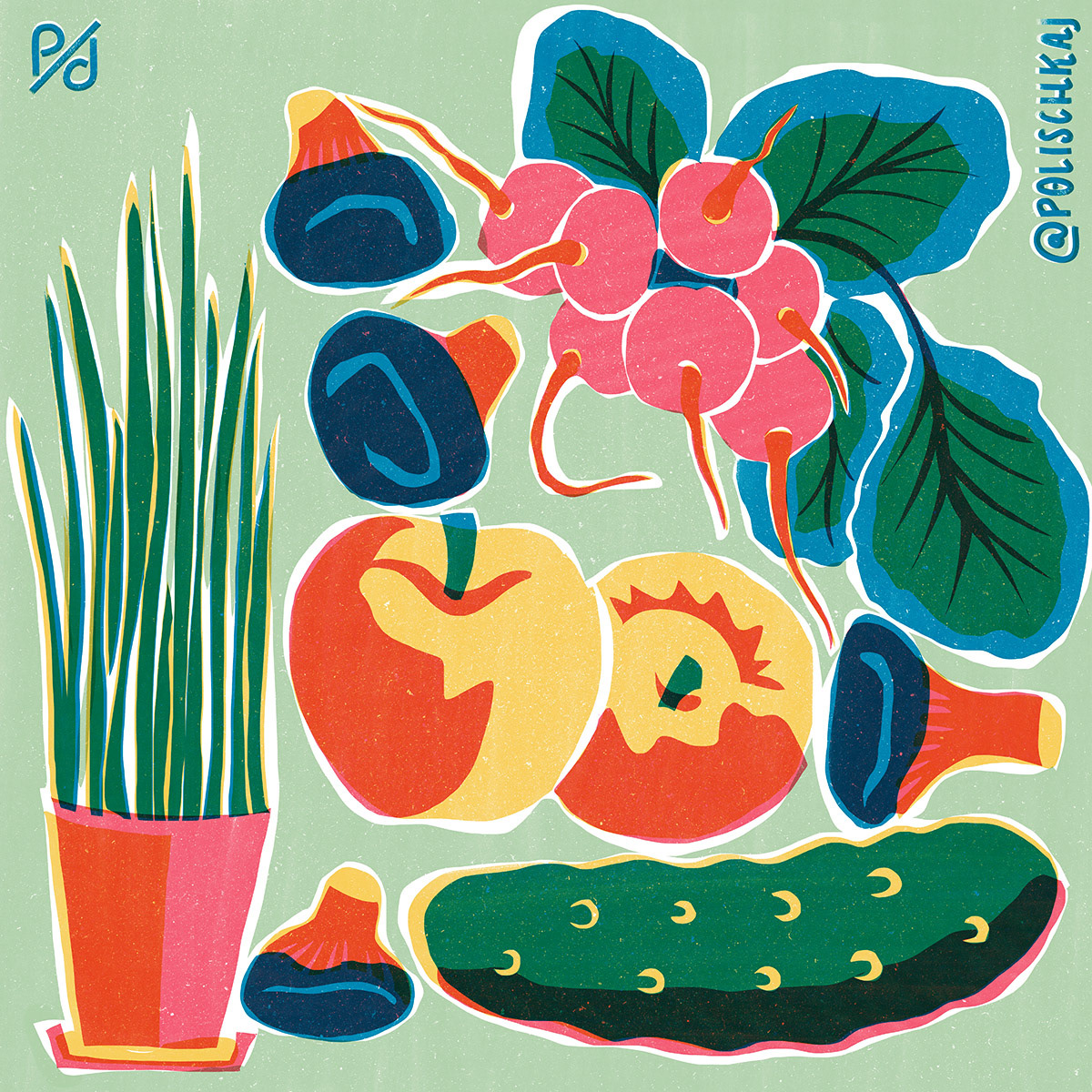 a square illustration of vegetables and fruits that fill the format: chives, two apples, two mushrooms (shitake), a small cucumber and some reddish. The background ist a pastel green.