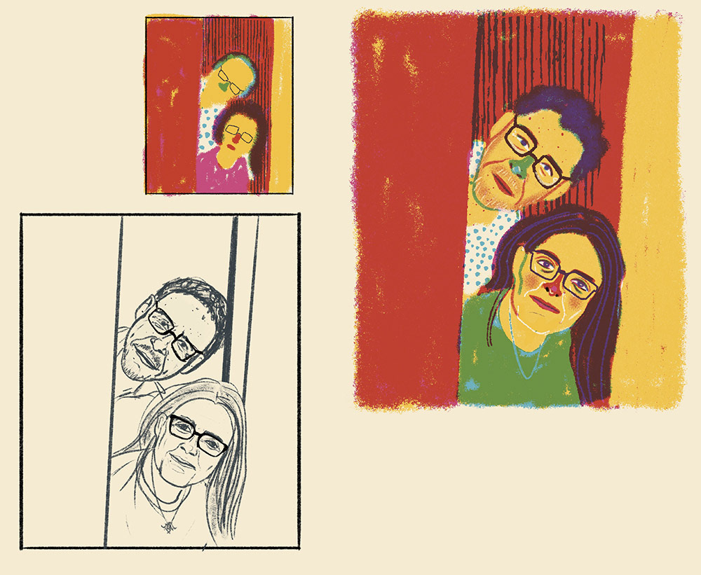 Colorful-Portrait-Illustration-Sketch-Ethan_Coen_&_Tricia_Cooke-by-Polina-Jakimova