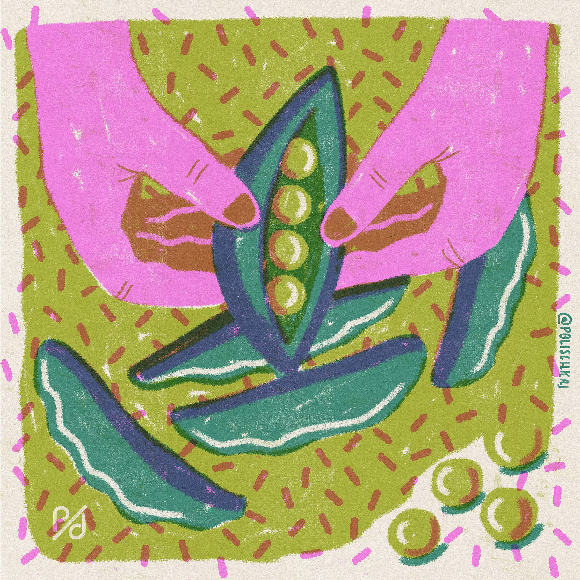 Colorful illustration of hand preparing peas in pods by Polina Jakimova