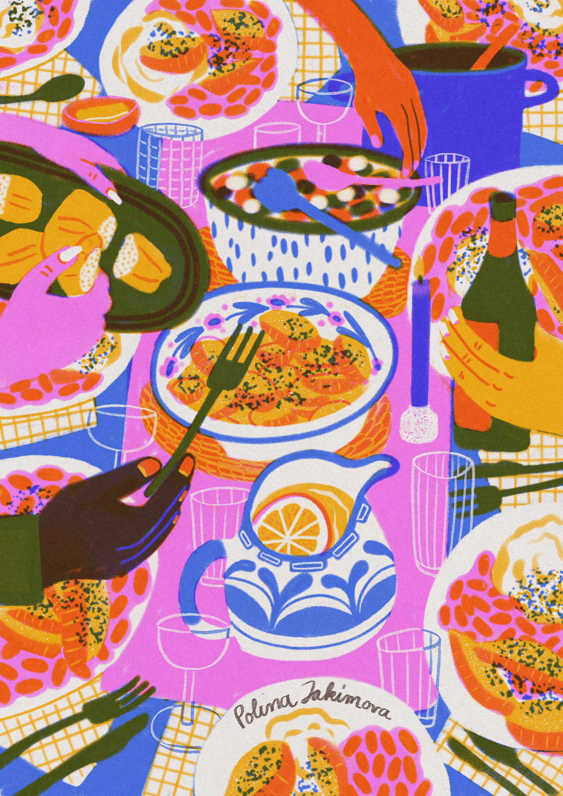 a colorful food illustration filled with plates, food, and glases by Polina Jakimova