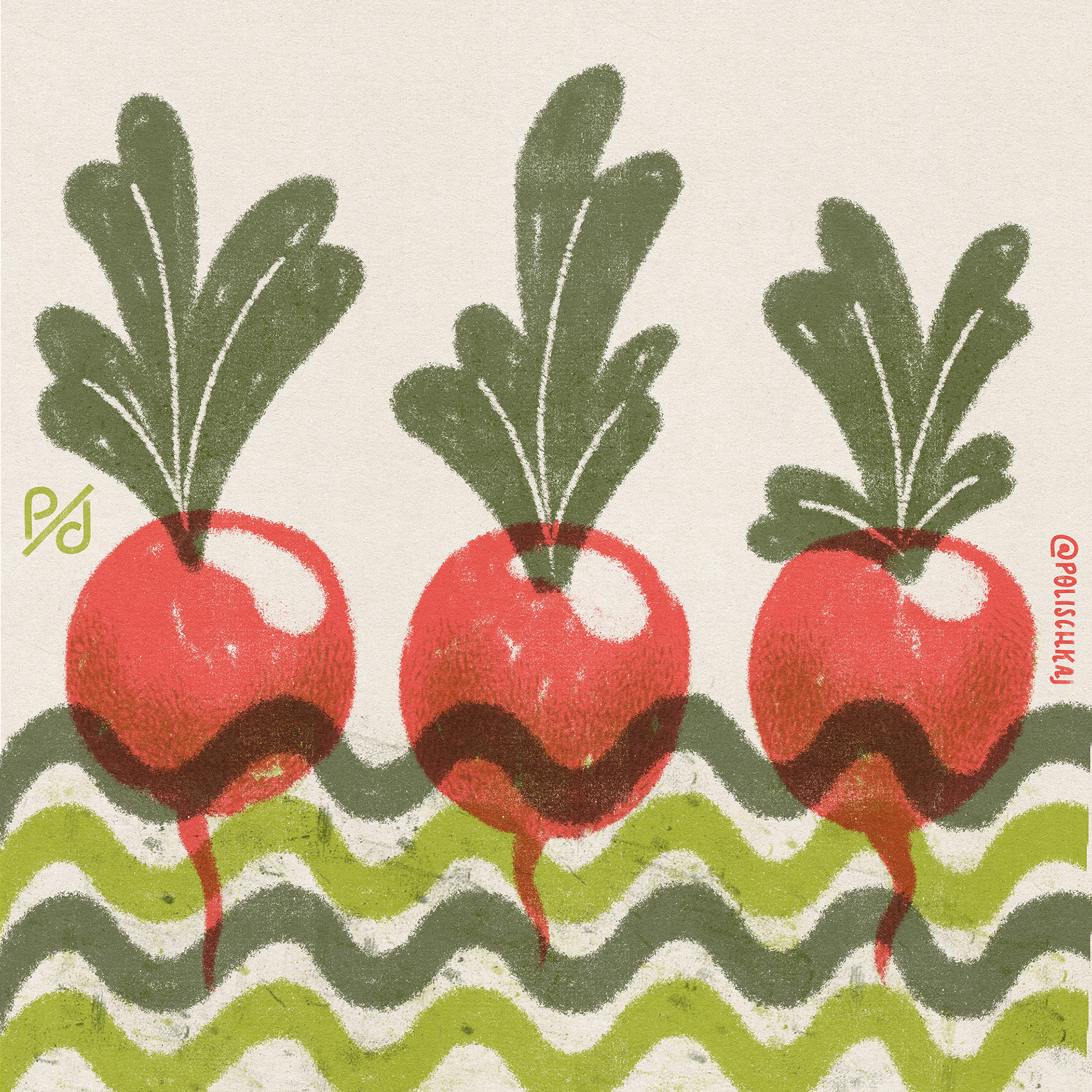 Playful Illustrated Radishes Veggies with Minimalistic ground drawing by Polina Jakimova