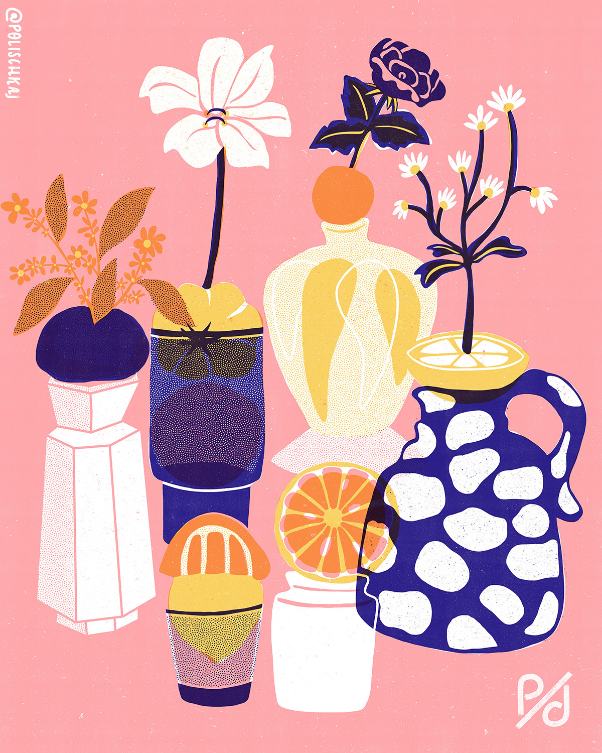 Several vases are can be seen. On the opening there are citrus fruits, in which flowers are put. 