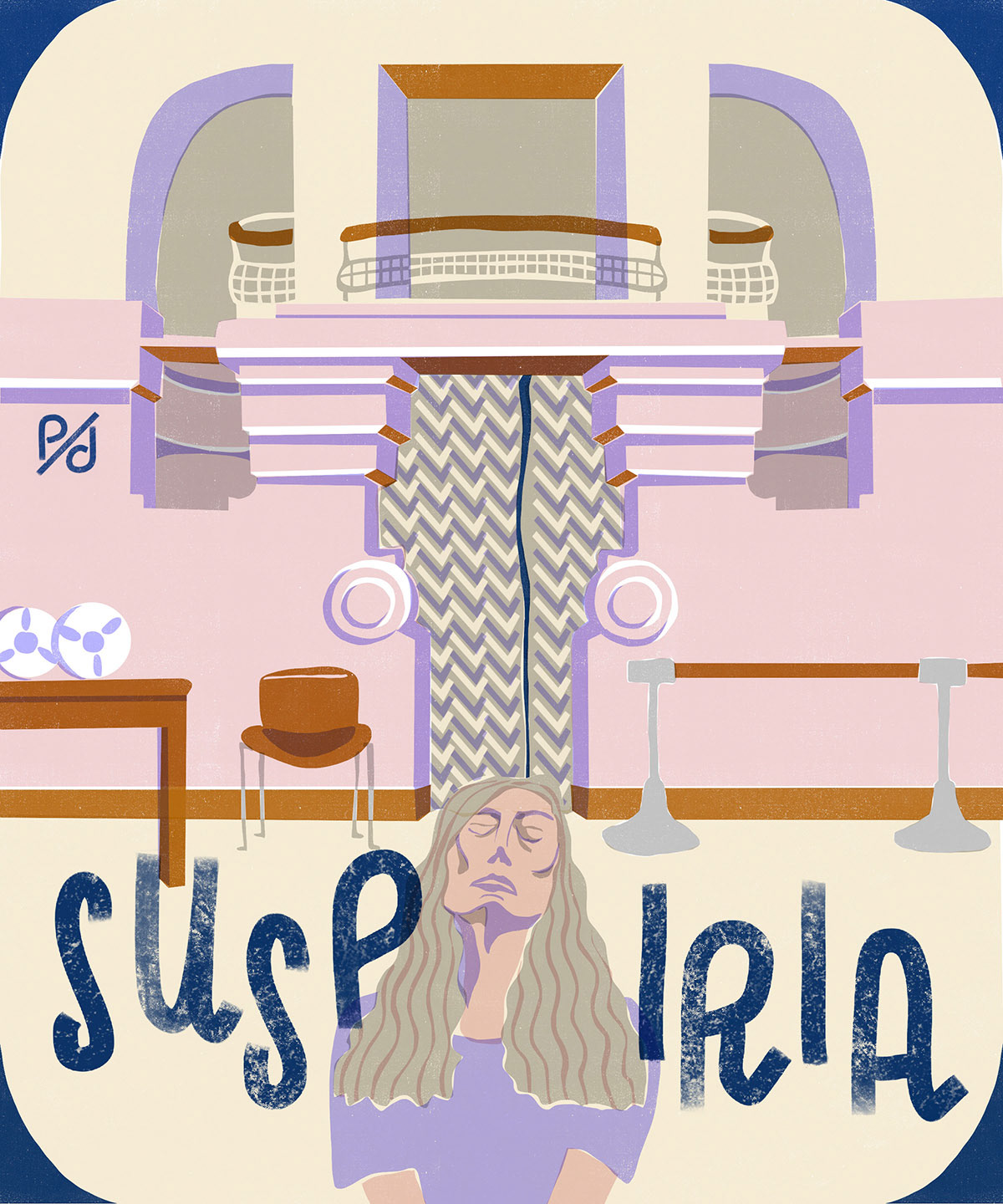 A movieposter for the movie suspiria, the 2018 version. In the background there is a wall with an opening. The opening is closed with a patterned curtain. Above you will find a kind of balcony. In front of the wall there a table and some old fashioned tape rolls on the left and a ballet pole on the right. In the immediate front you will see a woman with long grey hair, closed eyes and fallen face features. Left and right of her, the word „suspiria“ is written in a dark blue.