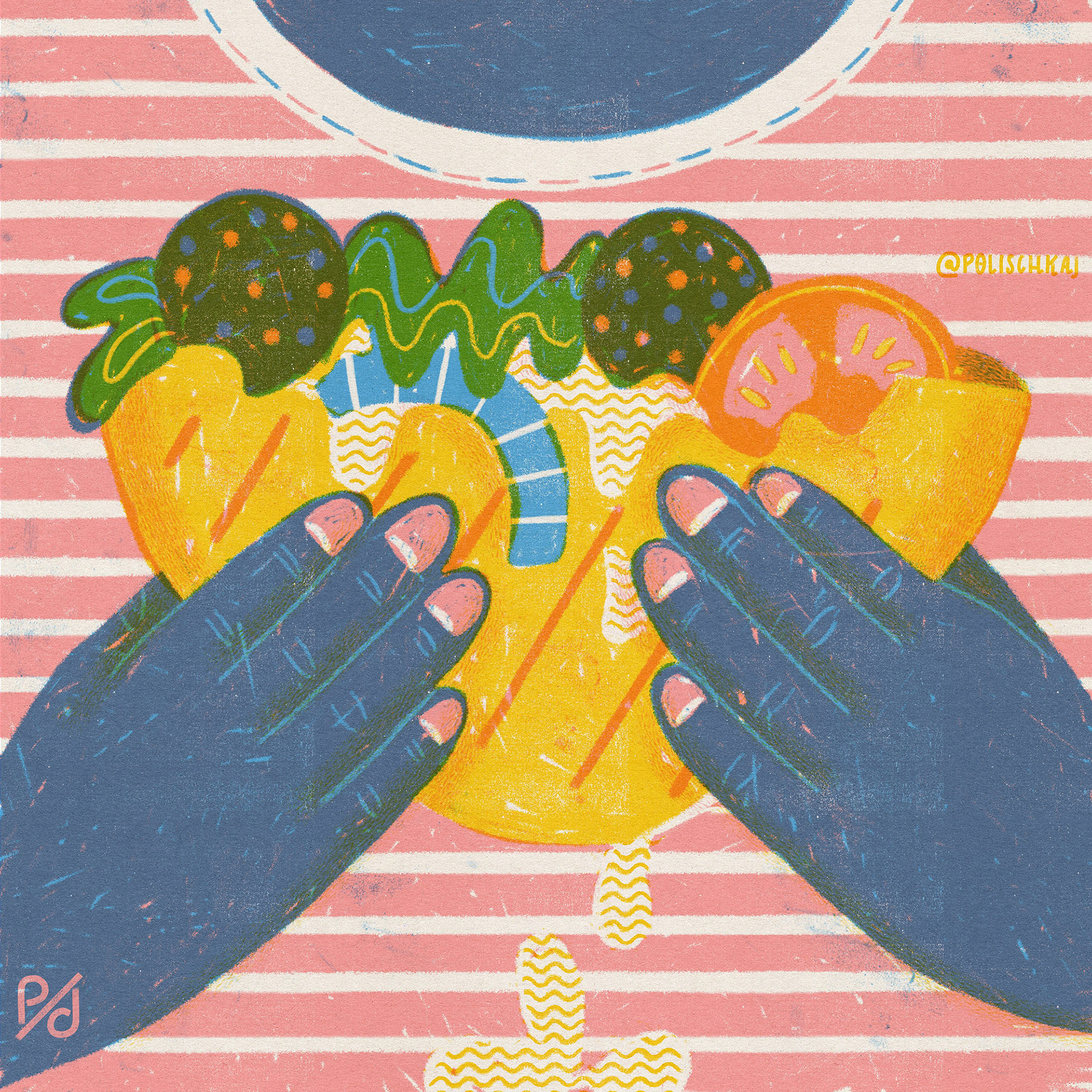 An Illustration of a richly filled falafel sandwich with tomato, onions, salad and extra sauce. The falafel is held bei two dark hands in front of a pink white stripped t-shirt. 