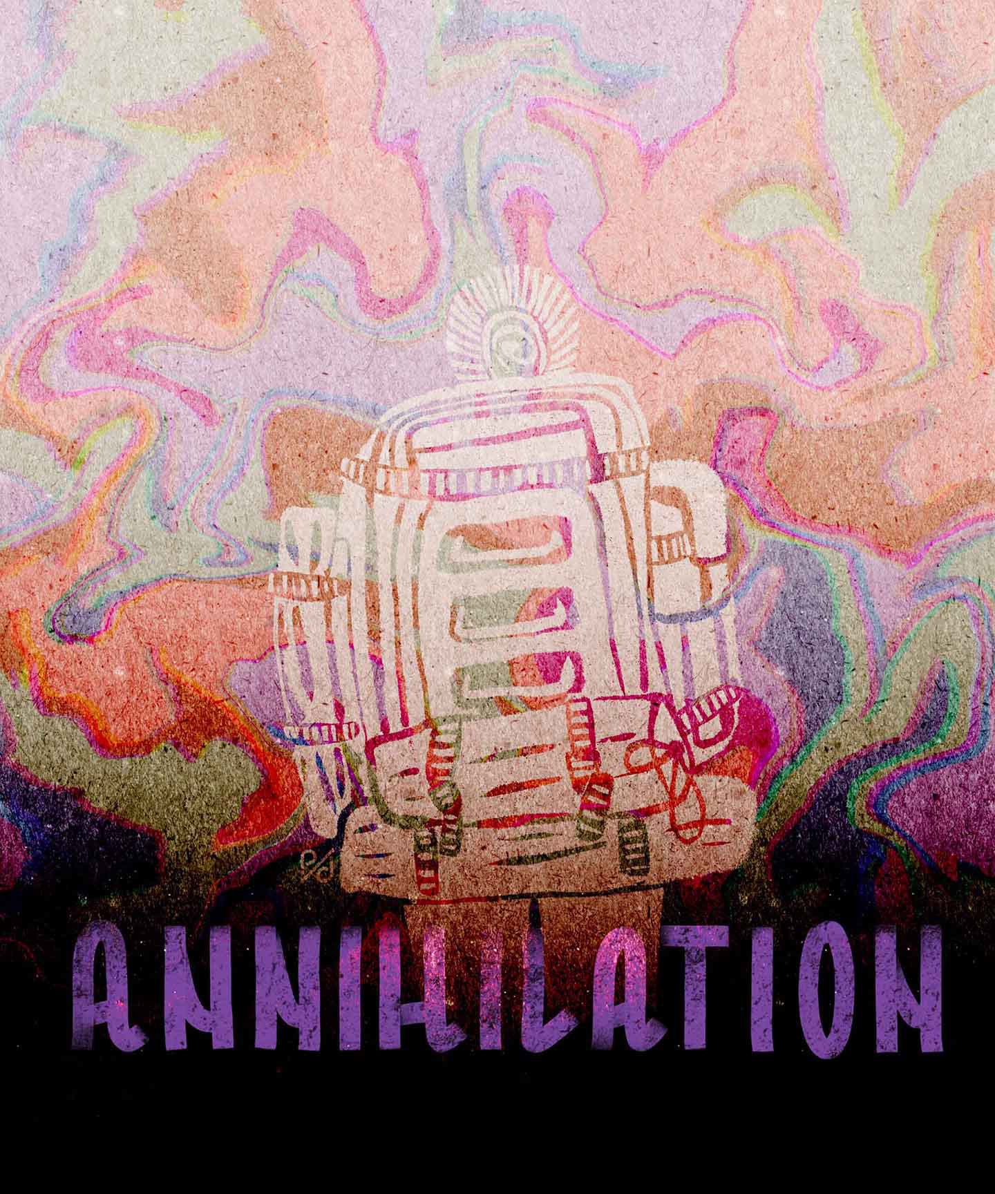 Movieposter for Annihilation. Colorful Marblepattern is in the background, a vanishing shape carrying a military rucksack. The word "Annihilation" in vibrant violett is written at the bottom.