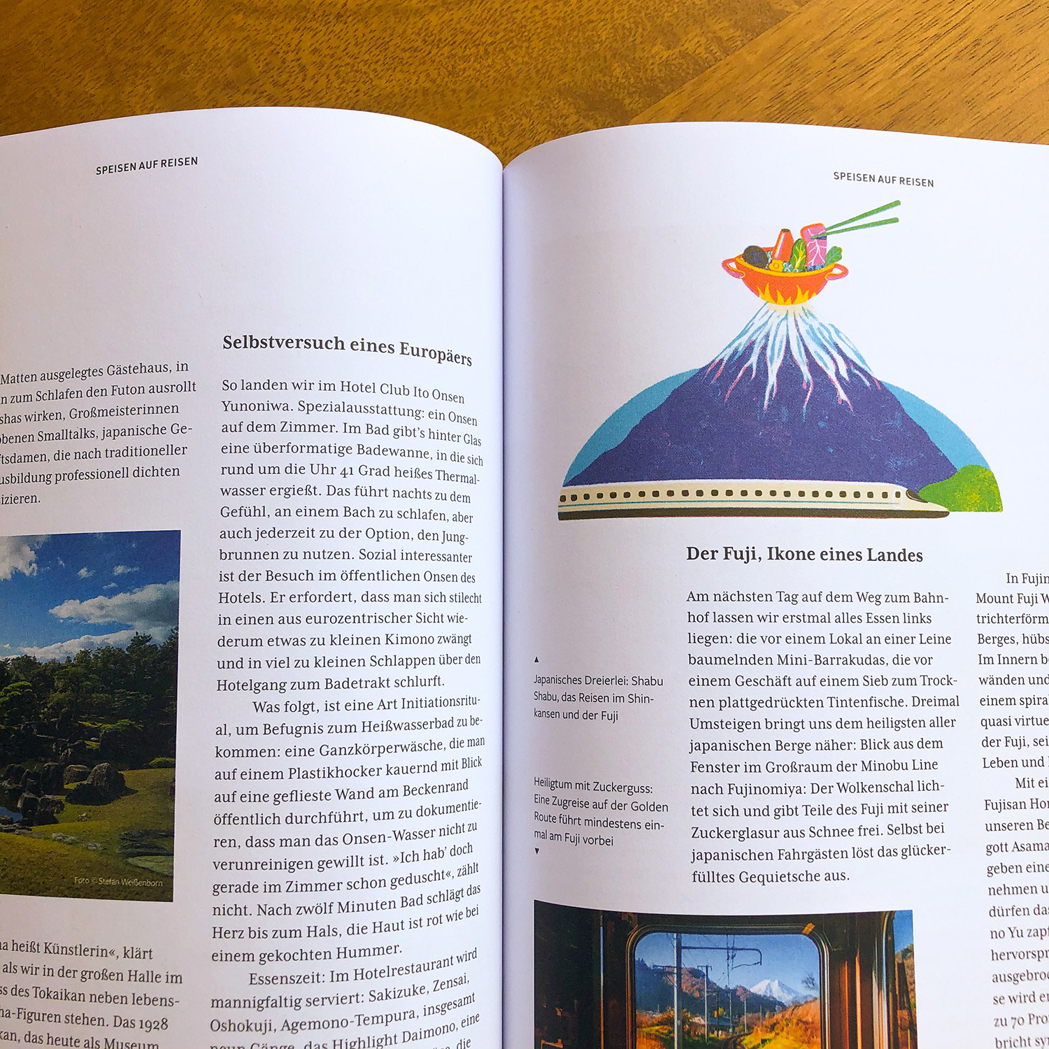 A photographed magazine layout with Mount Fuji Editorial Illustration by Polina Jakimova for Der Passagier