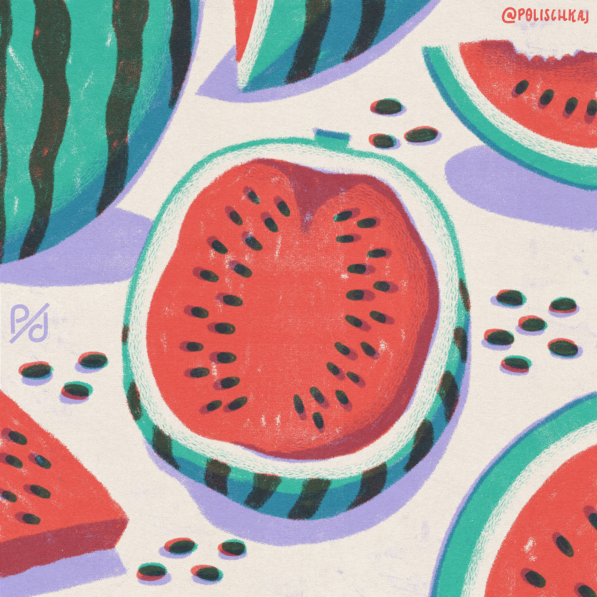 Illustration of watermelon in different forms: halved, quatered and bitten into. By Polina Jakimova