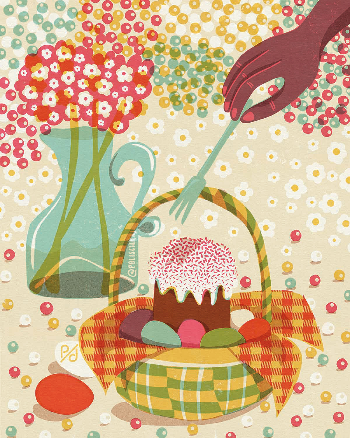Easter themed illustration: A picknick basket with eggs and a long cake, icing and sprinkles is standing in the middle, surrounded by eggs. The scene is surrounded by flowers and berries. By Polina Jakimova