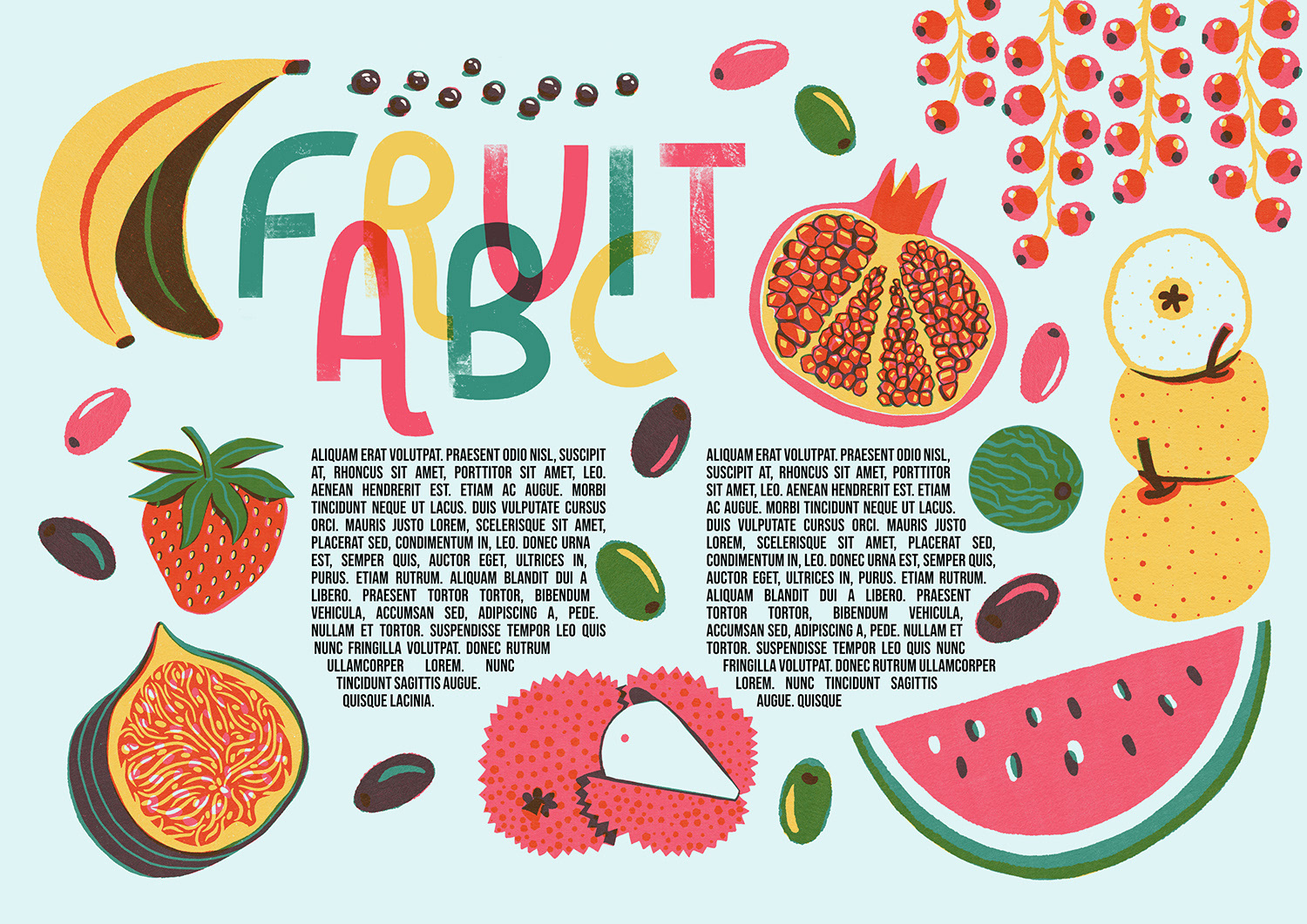 Editorial Spread Mockup of colorful fruit illustration by Polina Jakimova