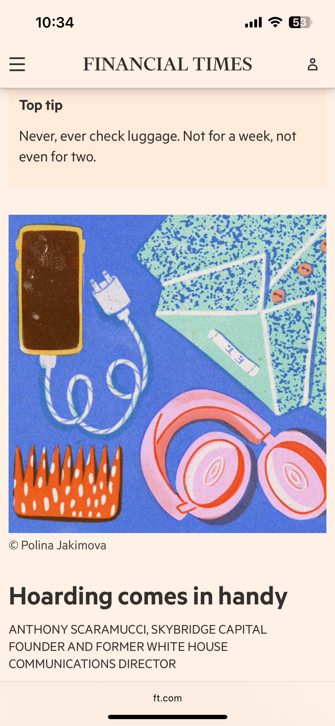 Illustration for Financial Times by Polina Jakimova, Theme: Business Trip; Secondary Illustration Mobile