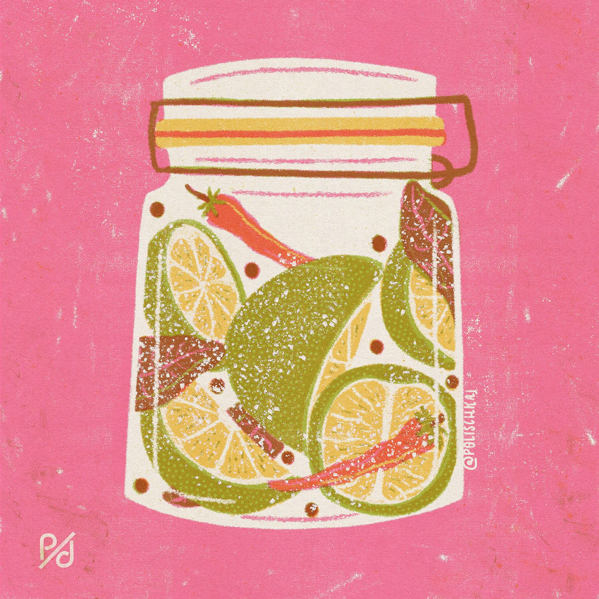 Illustrated preserved Limes with Chillies by Polina Jakimova