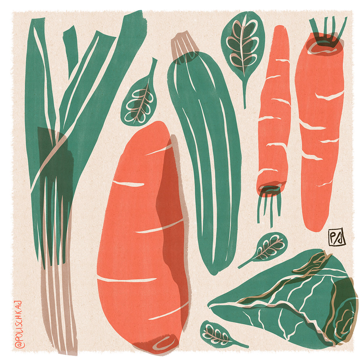 illustration of vegetables in orange and green: a leek, a sweet potato, carrot, zucchini, cabbage, spinach by Polina Jakimova