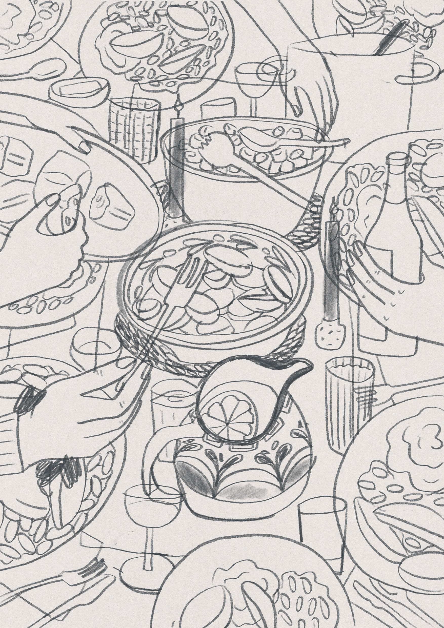 a colorful food sketch filled with plates, food, and glases by Polina Jakimova