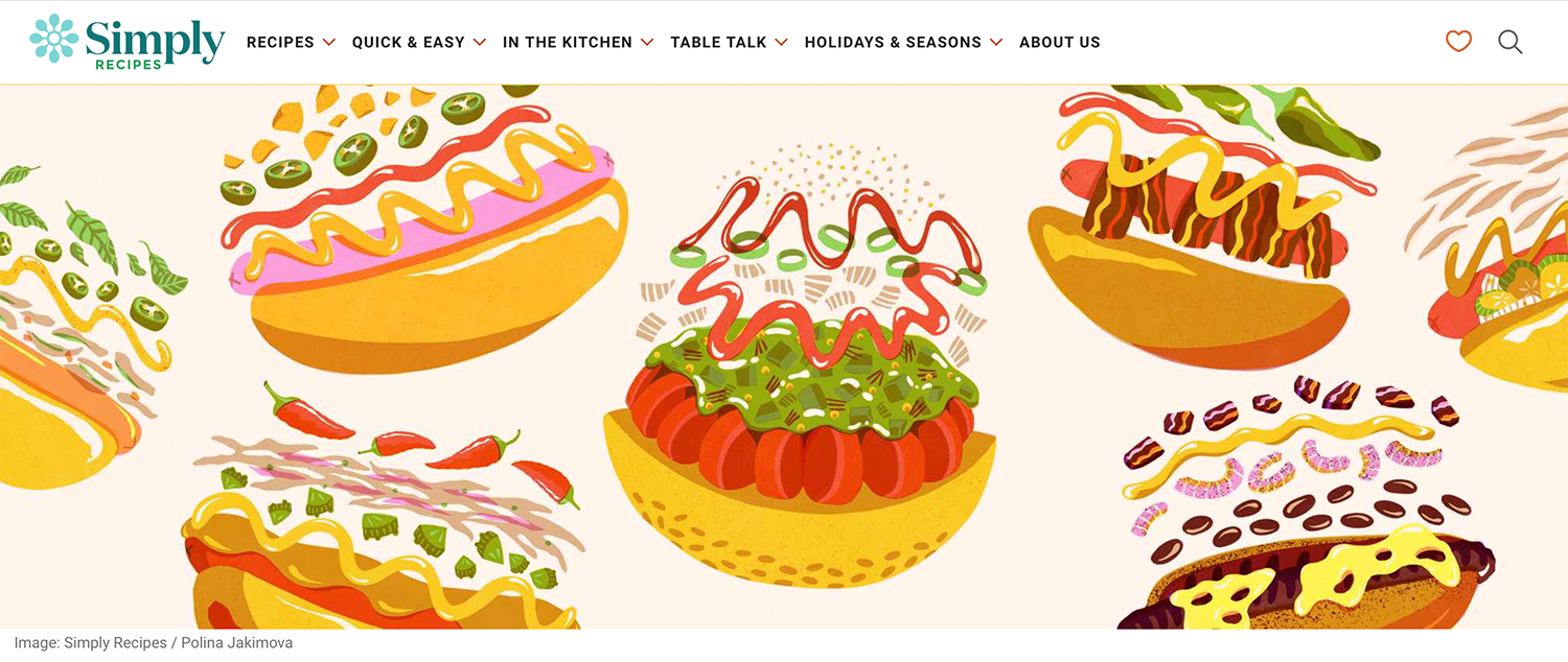 A webbanner for Simply Recipe with Hot dog Illustrations with toppings by Polina Jakimova.