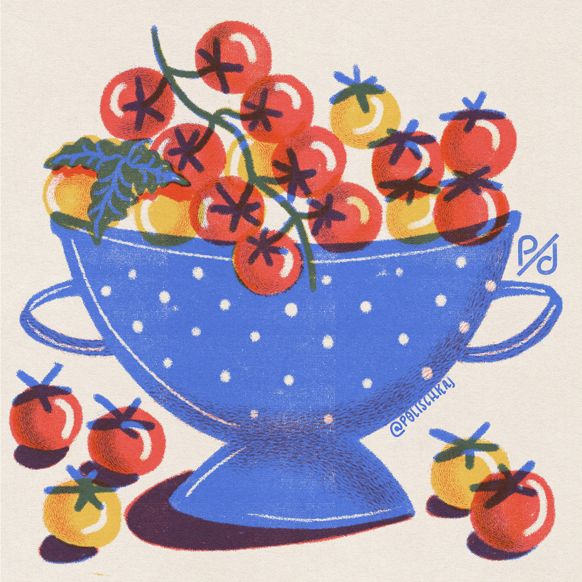 An illustration of tomatoes in a enamel colander by Polina Jakimova