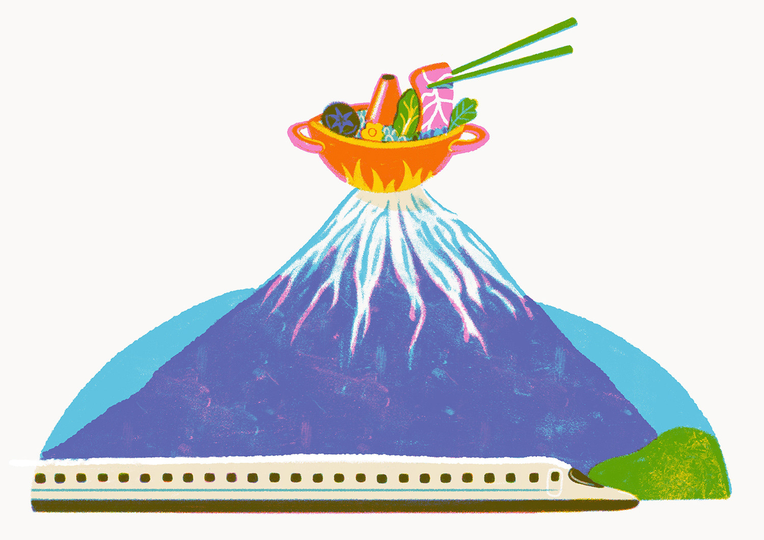 An editorial Illustration of mount Fuji. On top is a hot pot, in front a bullet train. Editorial Illustration by Polina Jakimova for Der Passagier