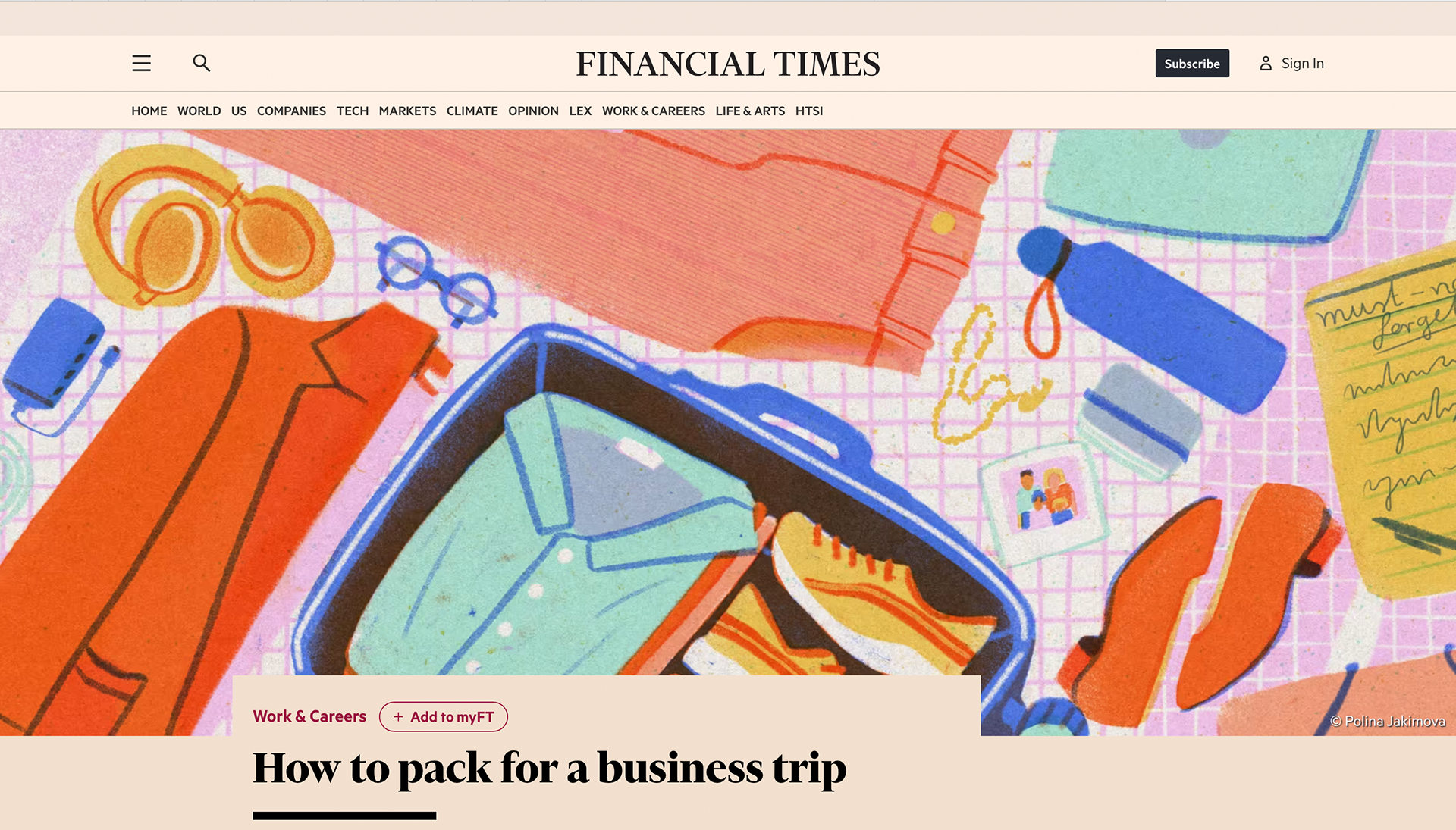 Illustration for Financial Times by Polina Jakimova, Theme: Business Trip; Main illustration Web