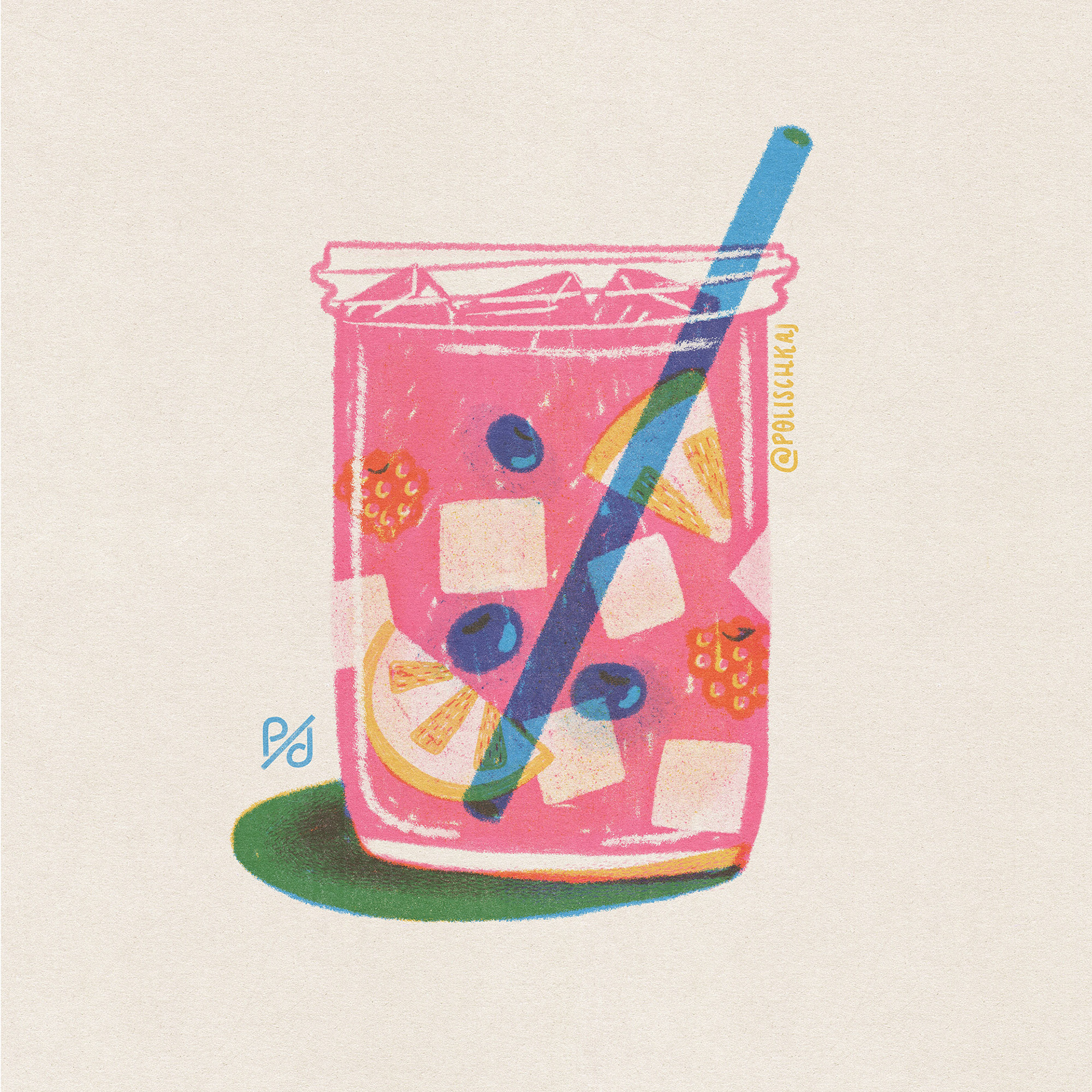 Illustration of pink lemonade with a straw, fruits, ice cubes in a jar glass.