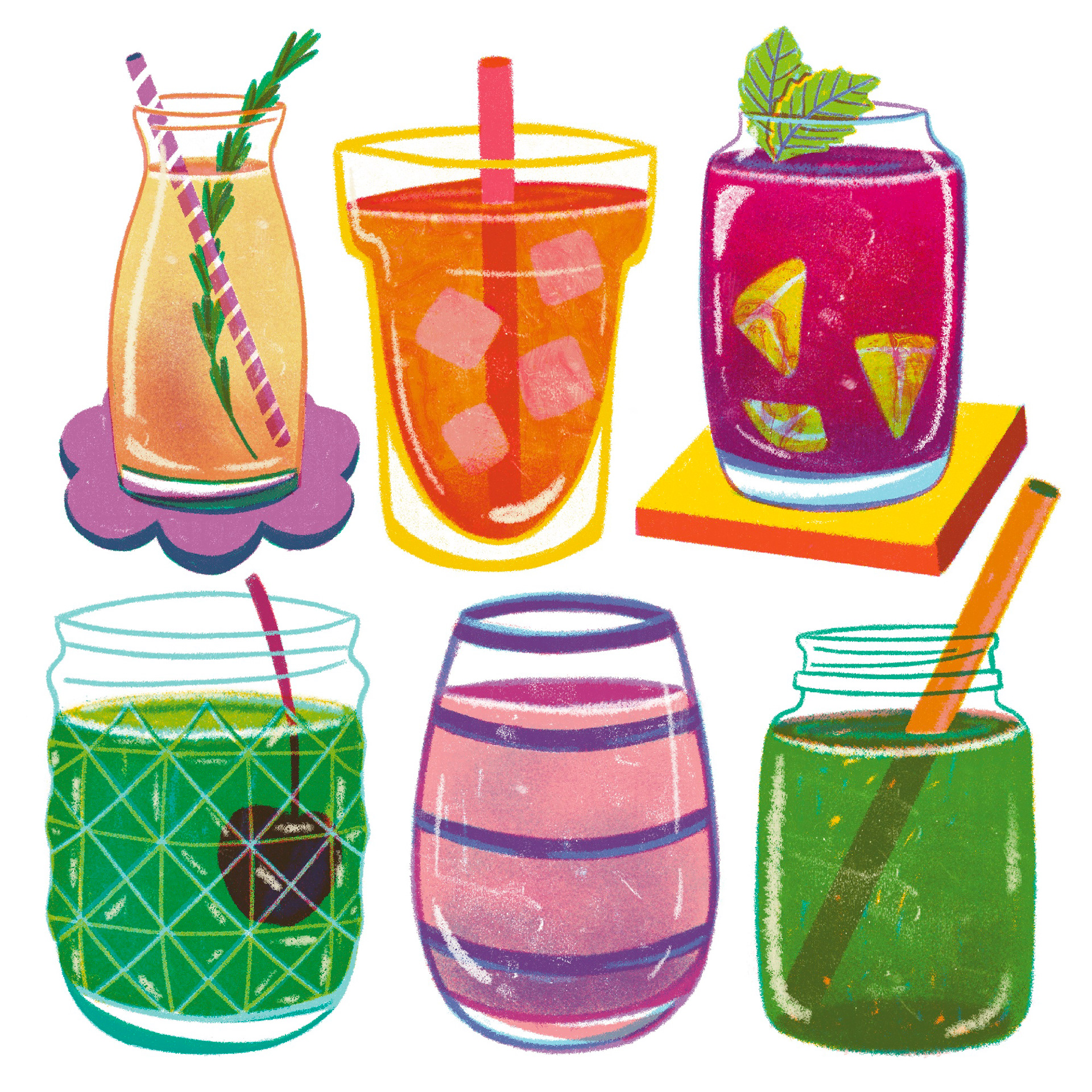An illustration of a variety of colorful juices in different, fancy glasses by Polina Jakimova..