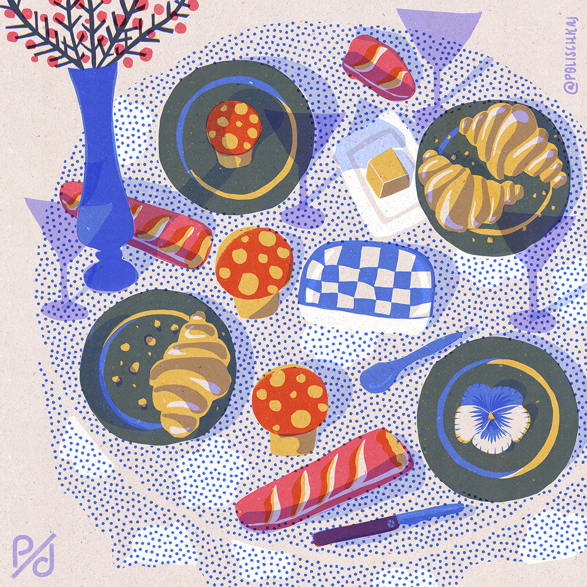 A table scene with a brunch setup. Four plates are arranged on a round table, on two of the plates there are croissants, on the other one is a ceramic toad stool, two other toadstools are arranged at the table as well. A butter dish with a small butter cube ist placed at the upper end of the table, the lid of this dish is checkered and lies beneath it. Broken baguette pieces, clutters and martini glasses are also arranged on the table. Left we see a vase with some twigs and red dots on it.