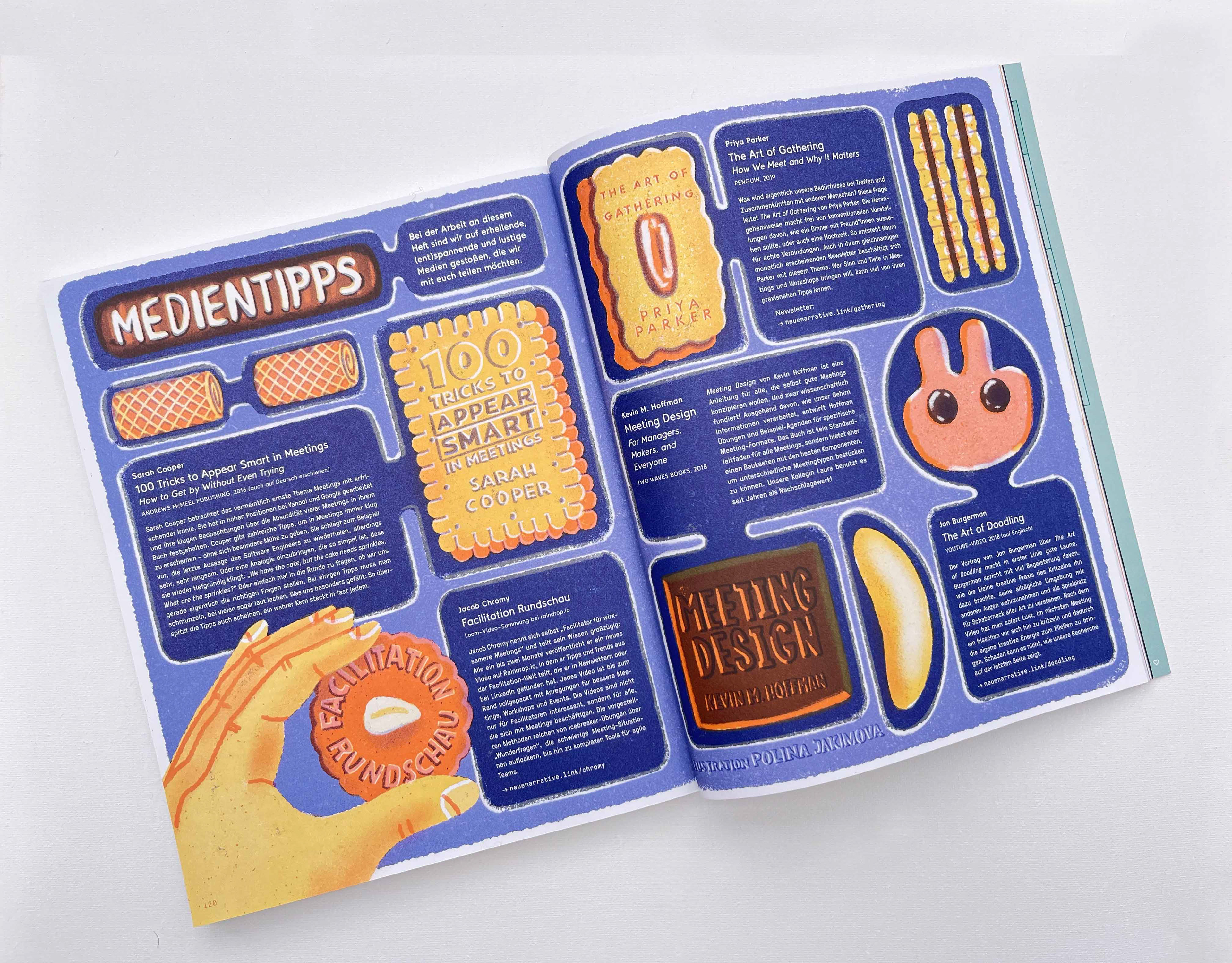 A photo of an open magazine. A drawing of a cookie tray, but the cookies symbolise different media as books or videos.