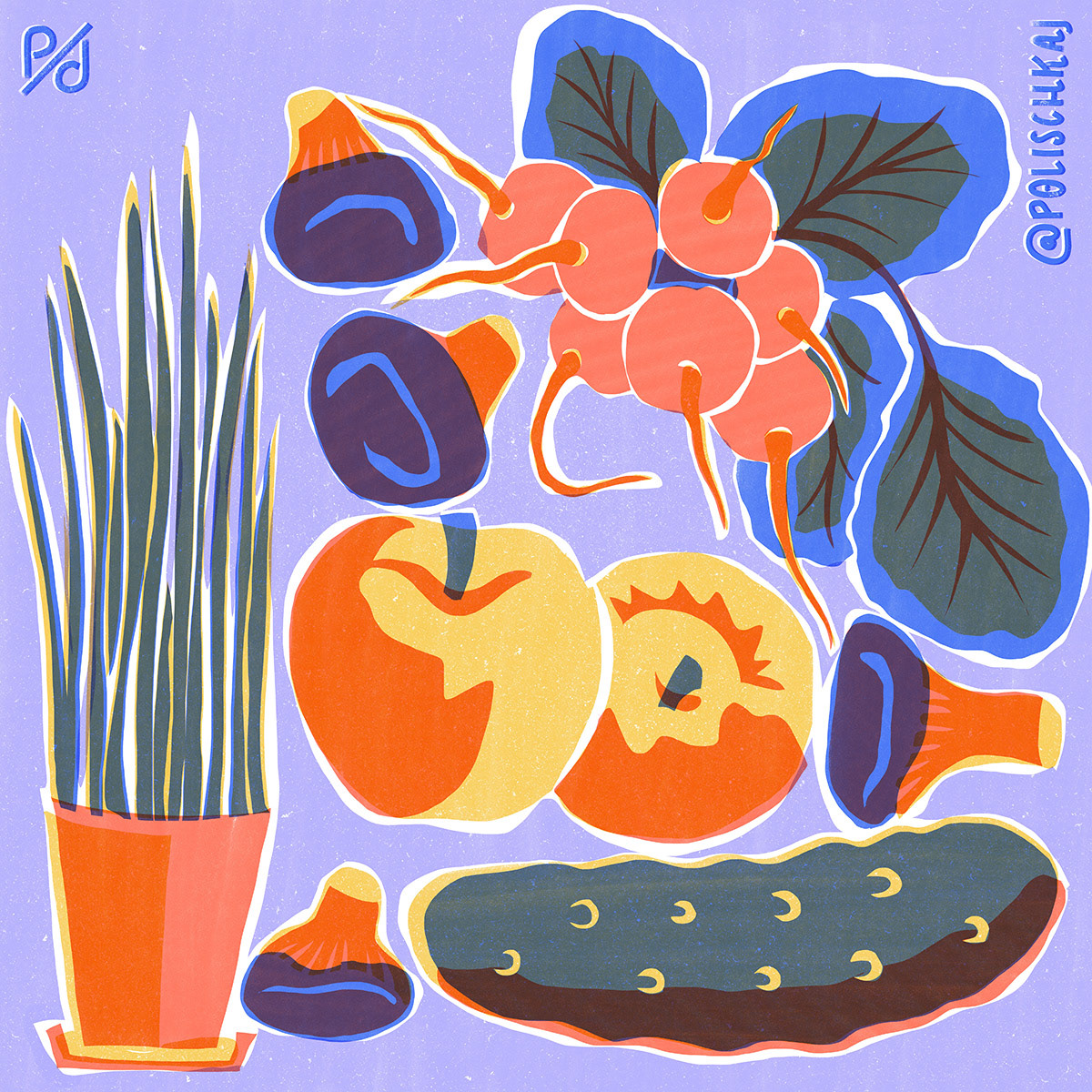 a square illustration of vegetables and fruits that fill the format: chives, two apples, two mushrooms (shitake), a small cucumber and some reddish. The background ist a pastel lilac.