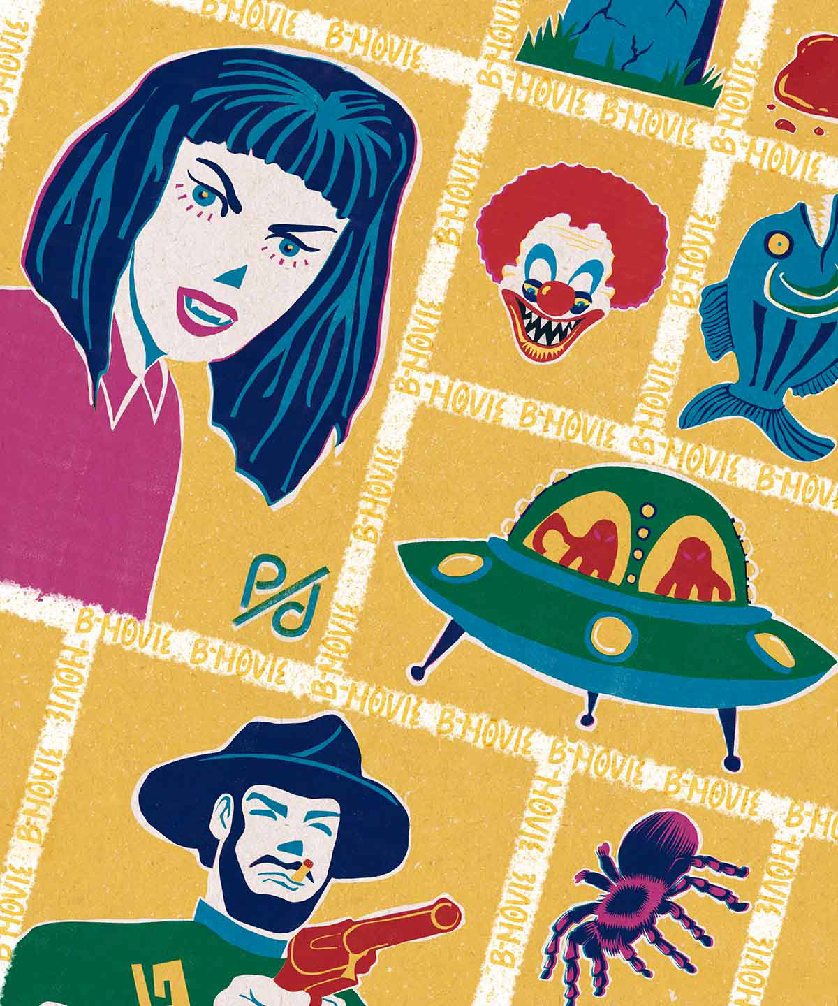 A movieposter showing common B-Movie themes such as vampires, an UFO, a tarantula, a killerclown and a gunslinger.