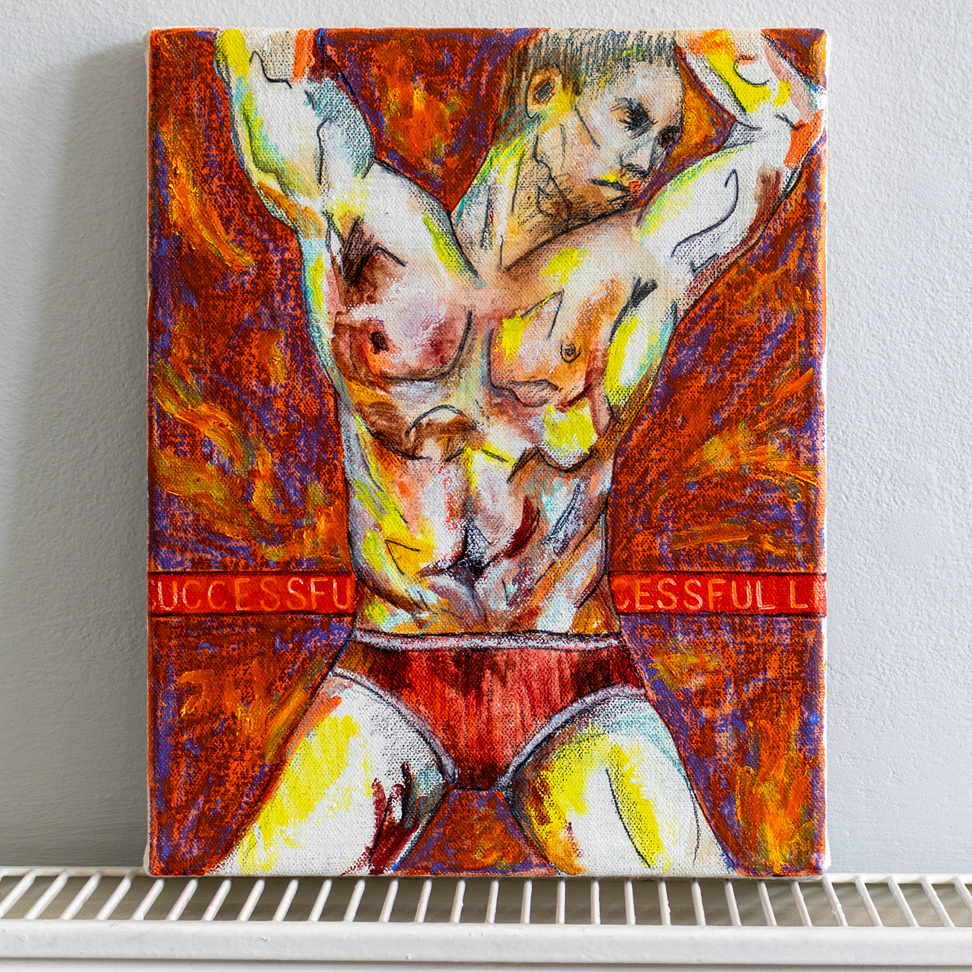 Successful Living Study 2, Acrylic, coloured pencil, charcoal, oil pastel, and oil on canvas, 10 x 8 inches, 2023