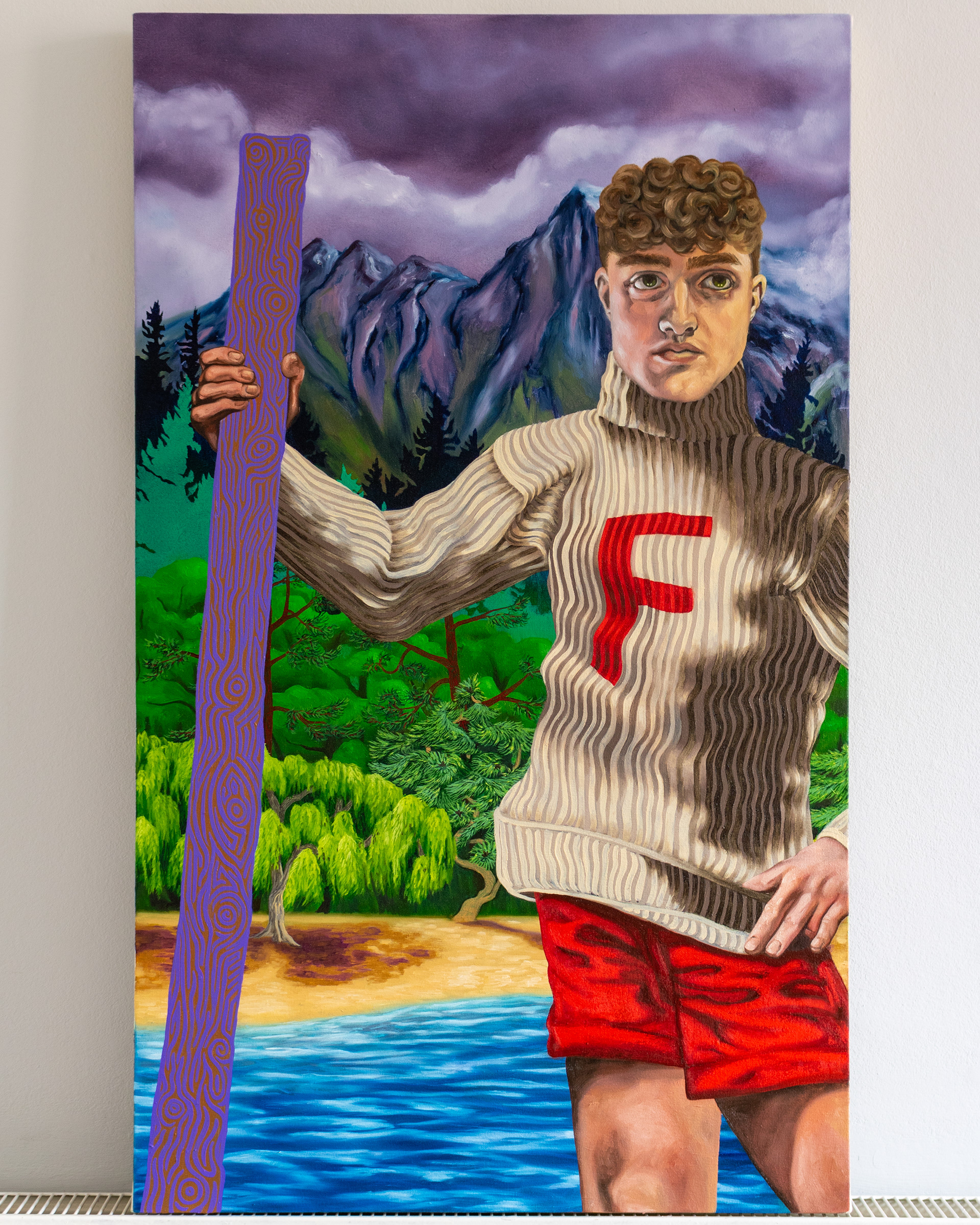 Self Portrait as a Rower (after Leyendecker), Oil and oil stick on canvas, 100 x 60 cm, 2024