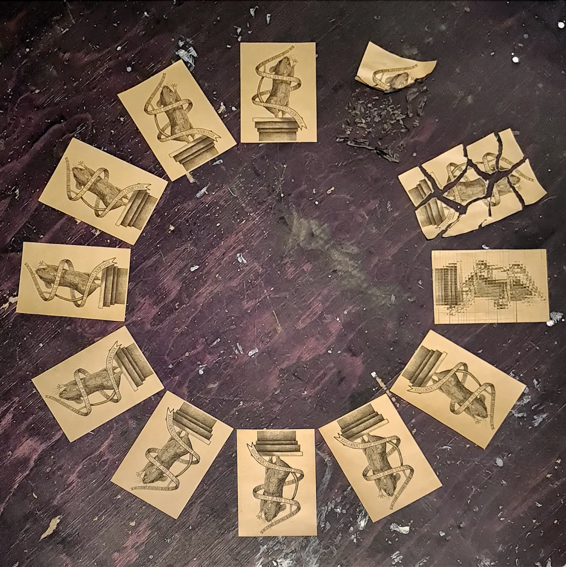 "Hickory, Dickory, Dock", Ink drawing prints on A5 Kraft paper, three altered by fire, flood, and fake news.