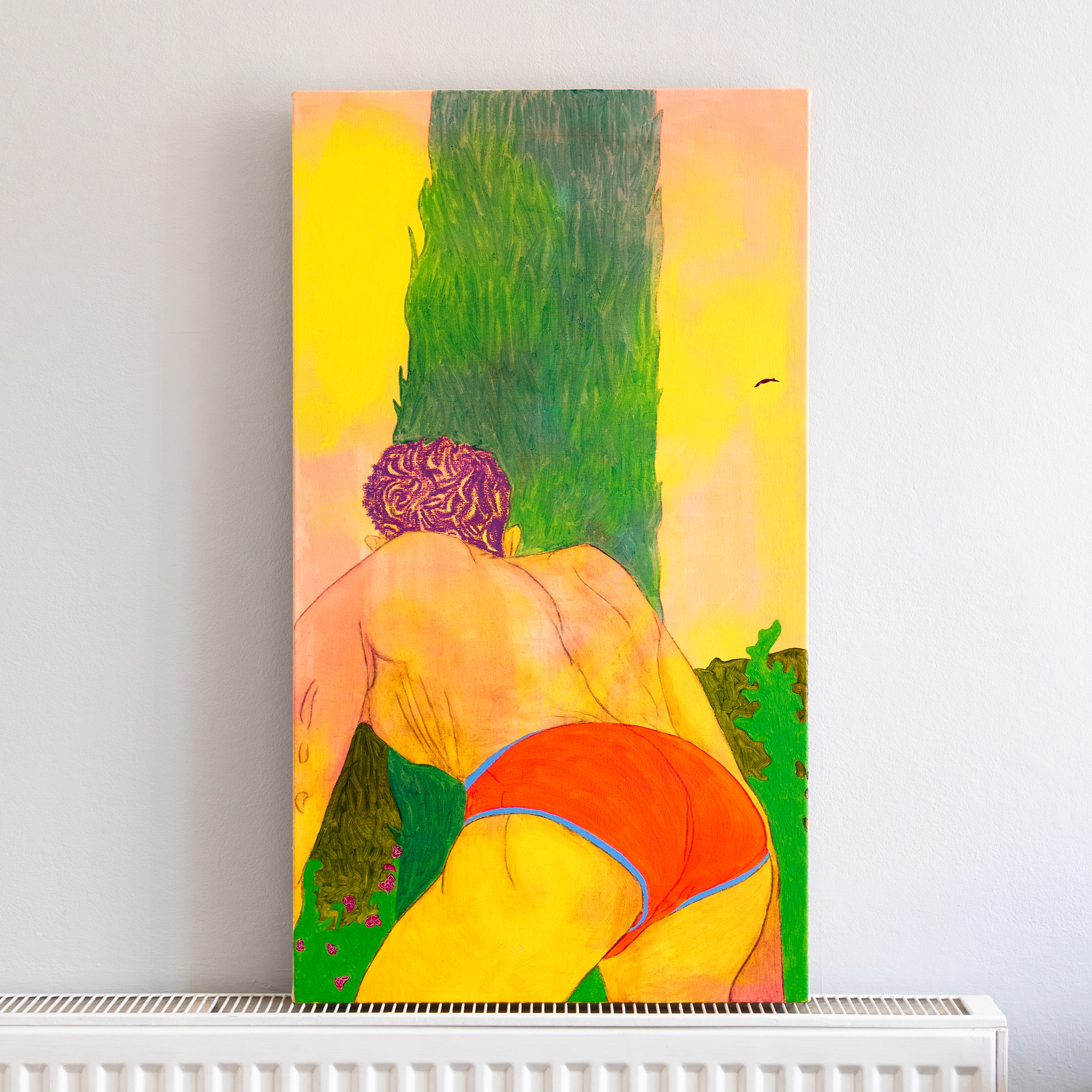 5 a.m. in L.A. (with cypress), Acrylic, oil, oil pastel, oil stick, and coloured pencil on canvas, 80 x 45 cm, 2023