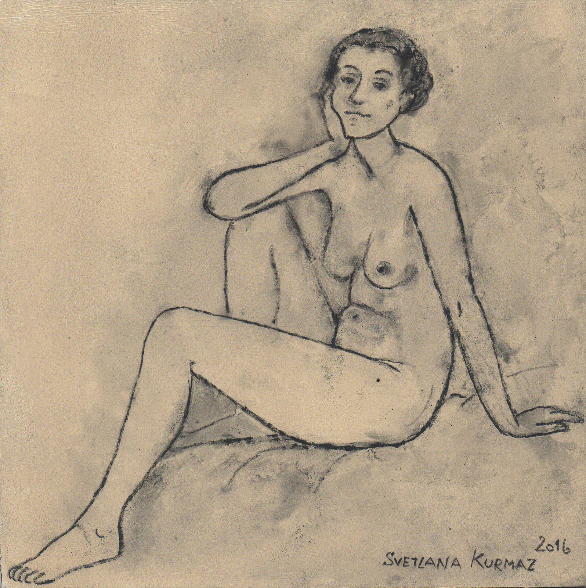 NUDE BATHER, charcoal on canvas, 22x22cm. SOLD