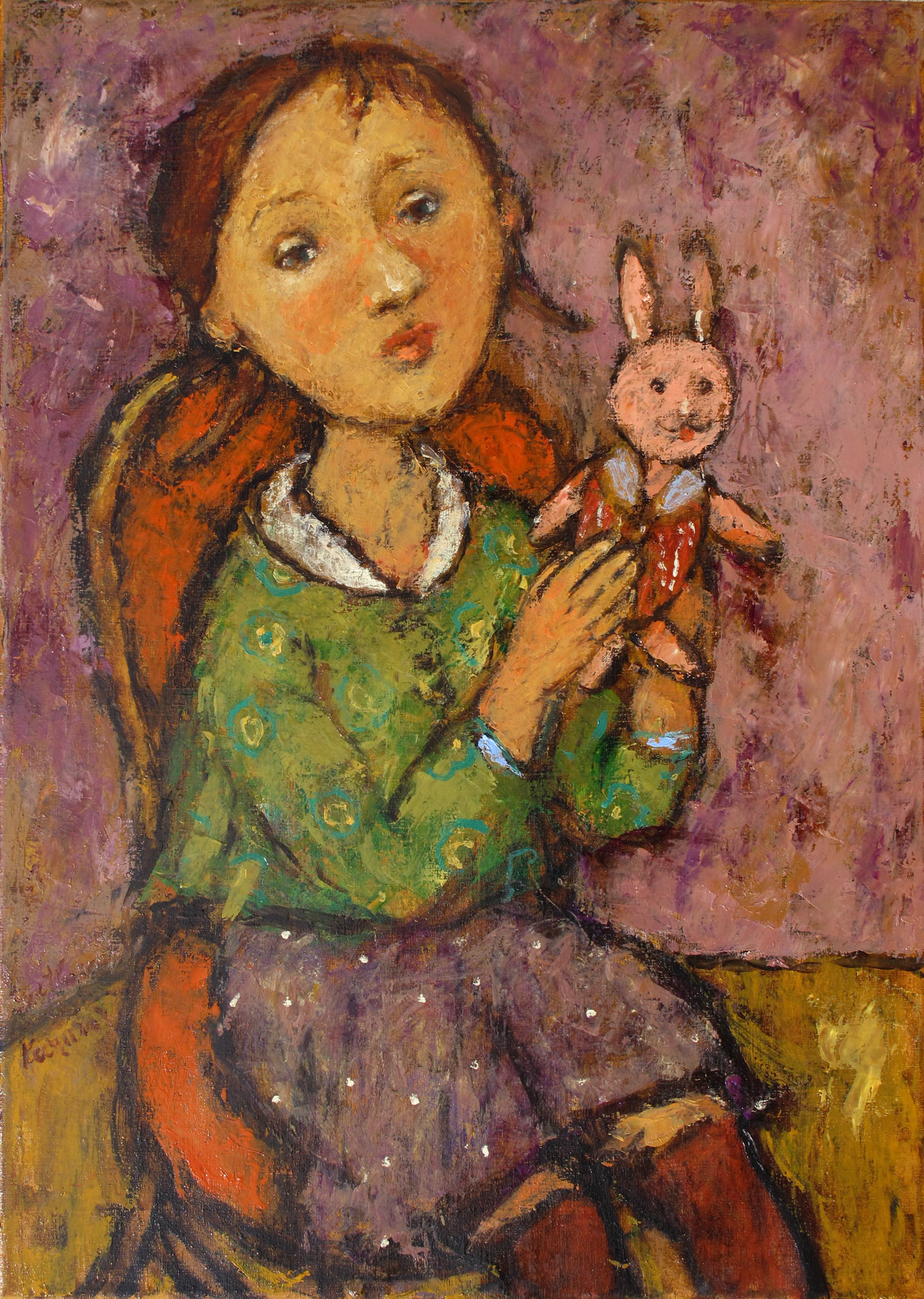 GIRL WITH BUNNY, oil on canvas, 70x50cm.