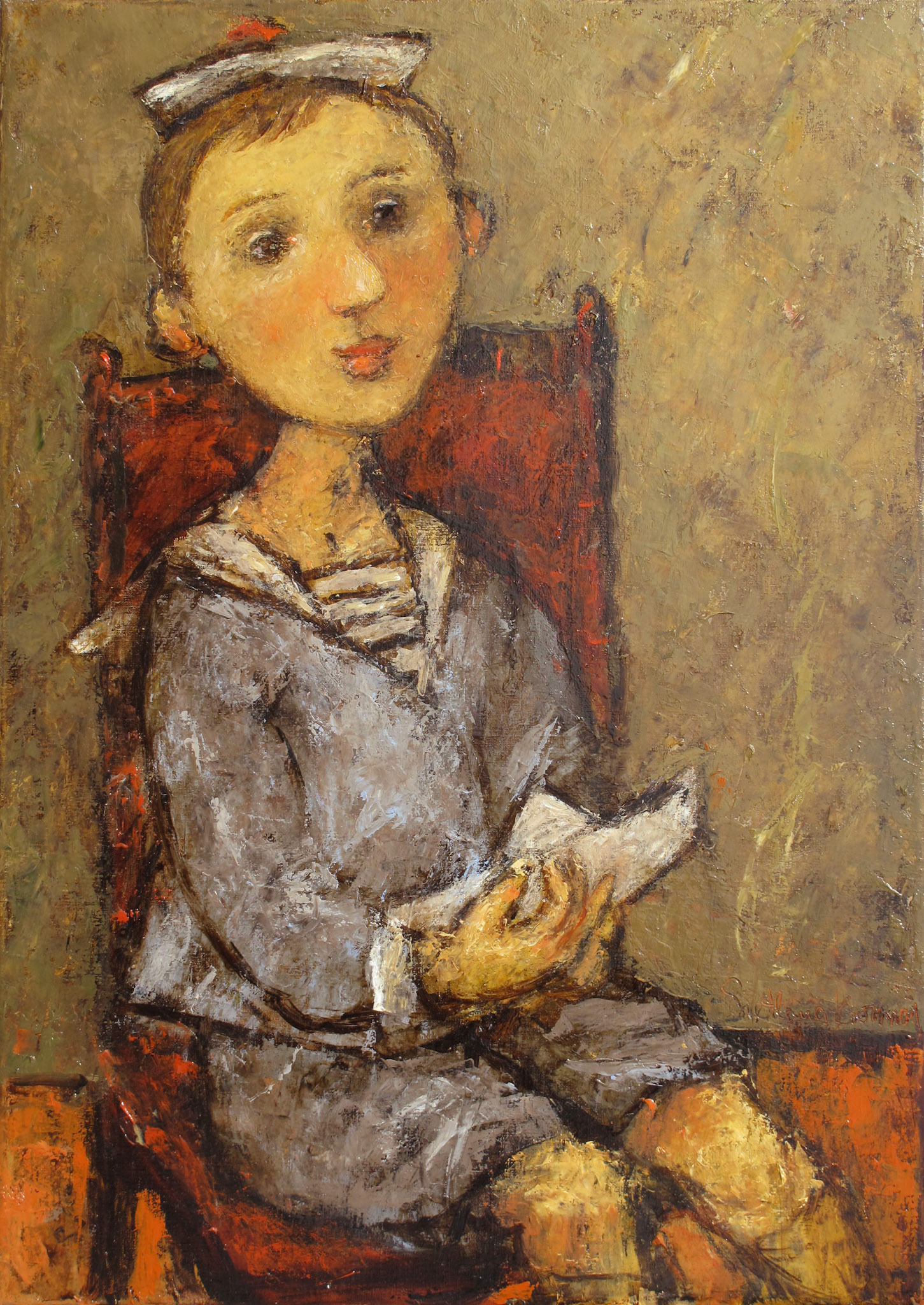 BOY WITH PAPER BOAT, oil on canvas, 70x50cm.