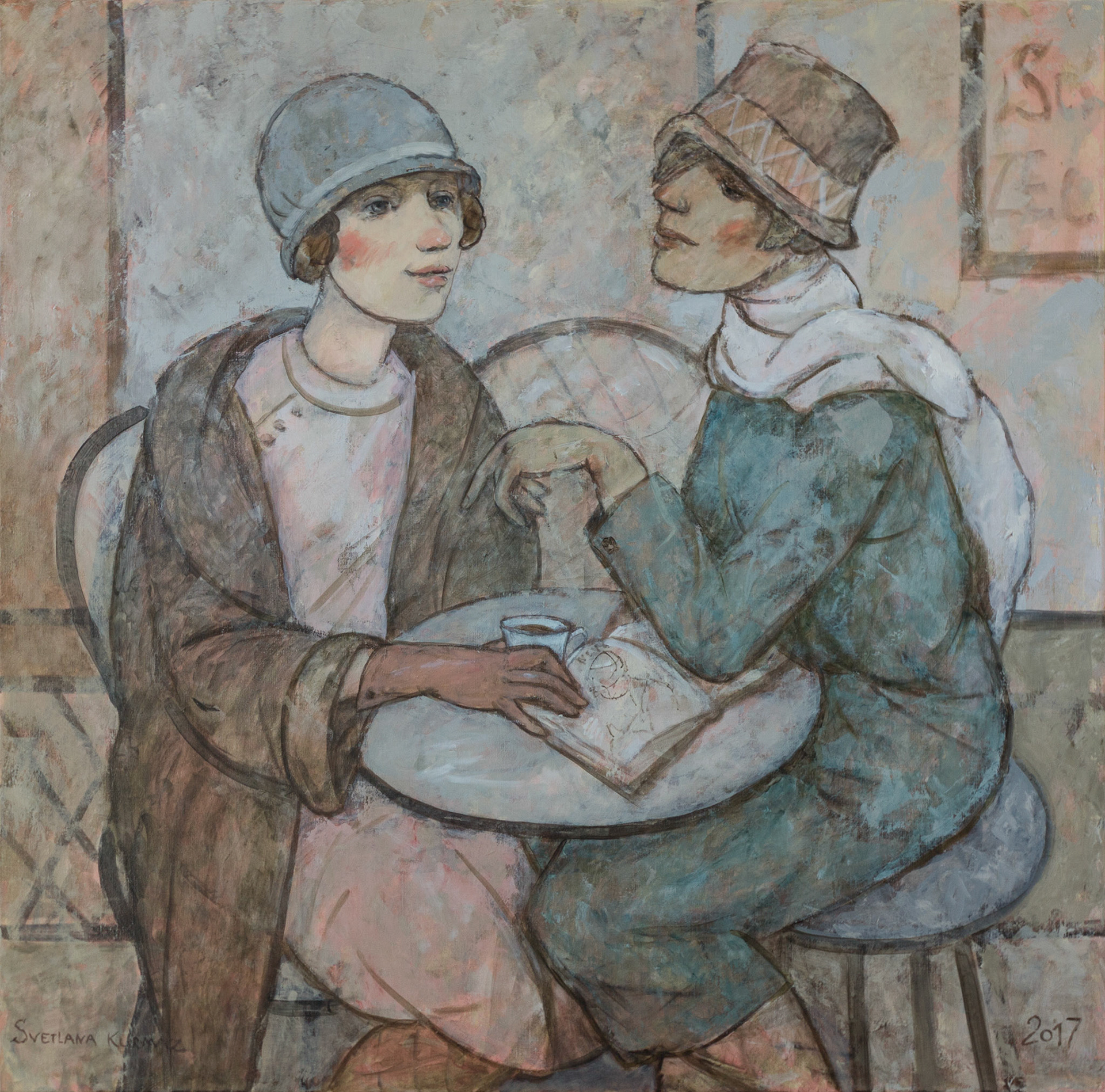 LADIES IN CAFE, oil on canvas, 100x100cm. /SOLD/oil on canvas, 100x100cm .